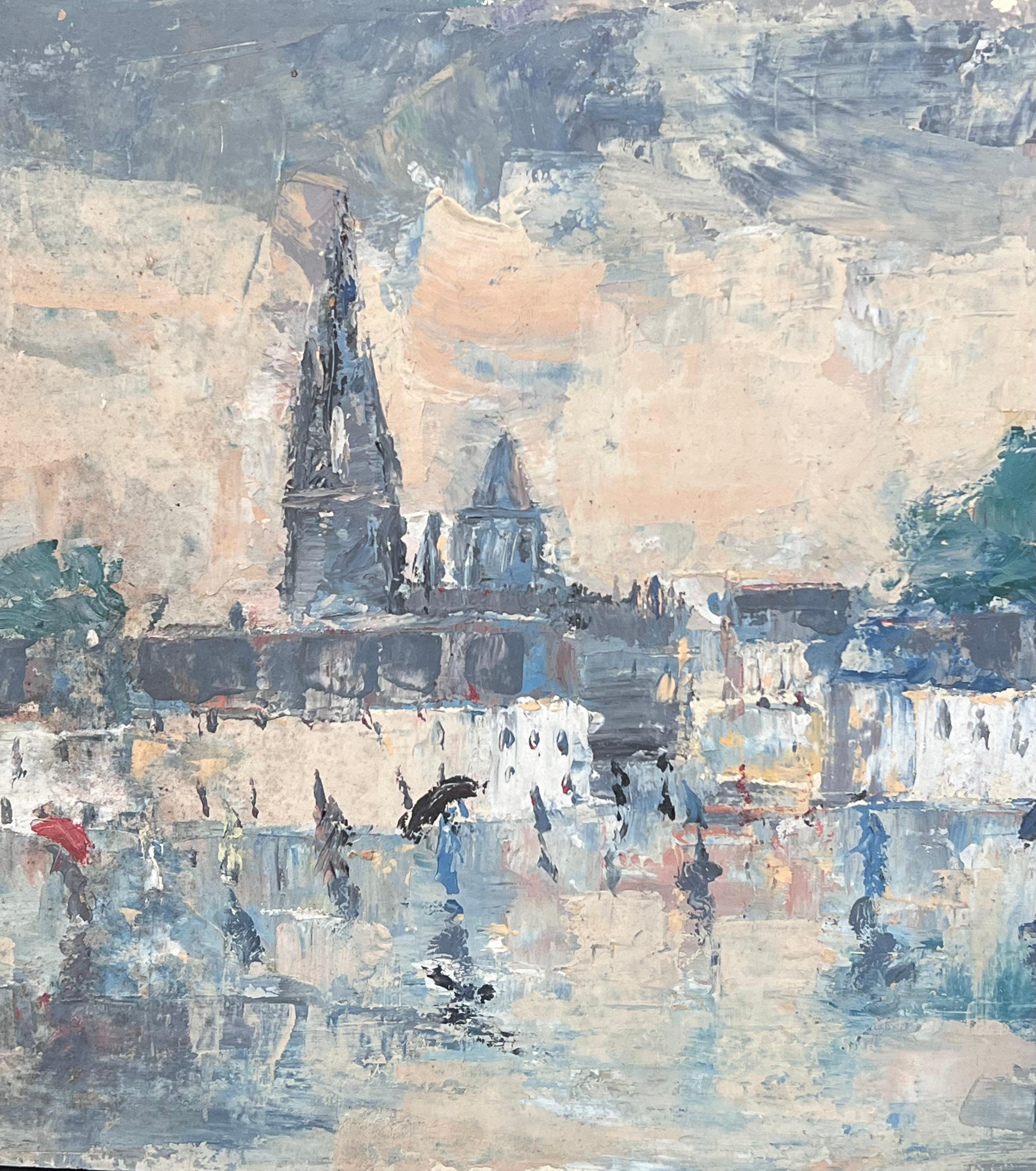 Regentag in einem französischen Dorf Townes Landschaft Ölgemälde (Grau), Landscape Painting, von Fanch Lel