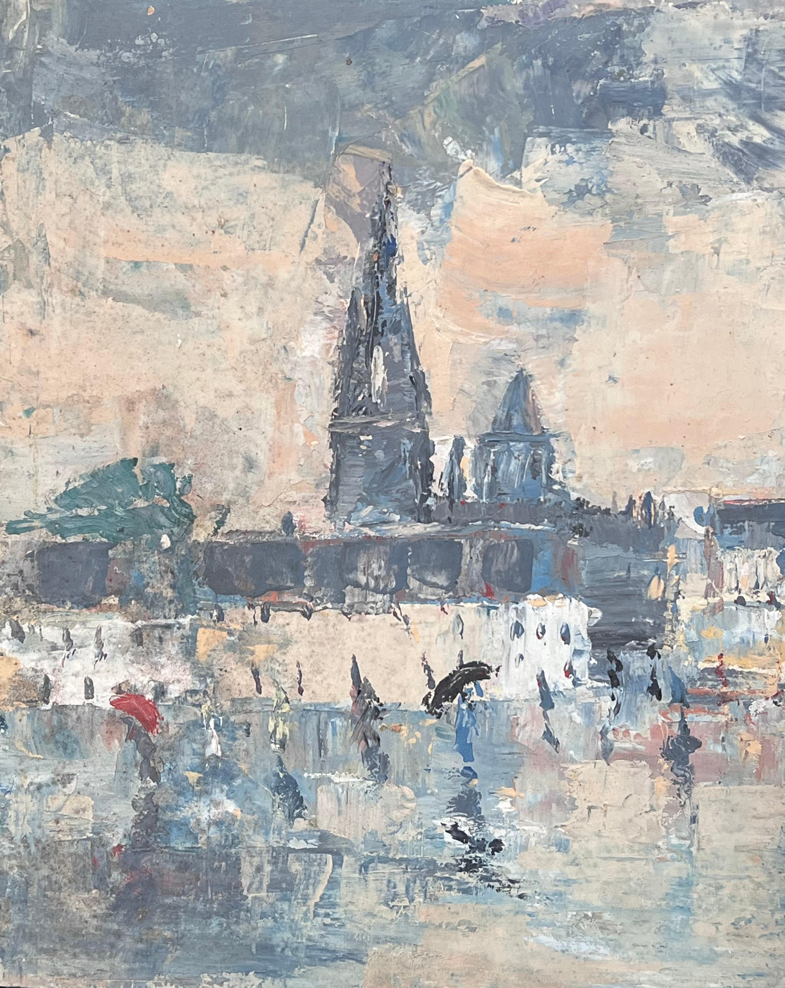 Rainy Day Town
Gezeichnet von Fanch Lel
Größe: 13 x 16 Zoll (Höhe x Breite)
Ölgemälde auf Karton, ungerahmt
Zustand: Insgesamt guter Zustand mit leichten Gebrauchsspuren an der Oberfläche und leichten Abnutzungserscheinungen an den Kanten,
