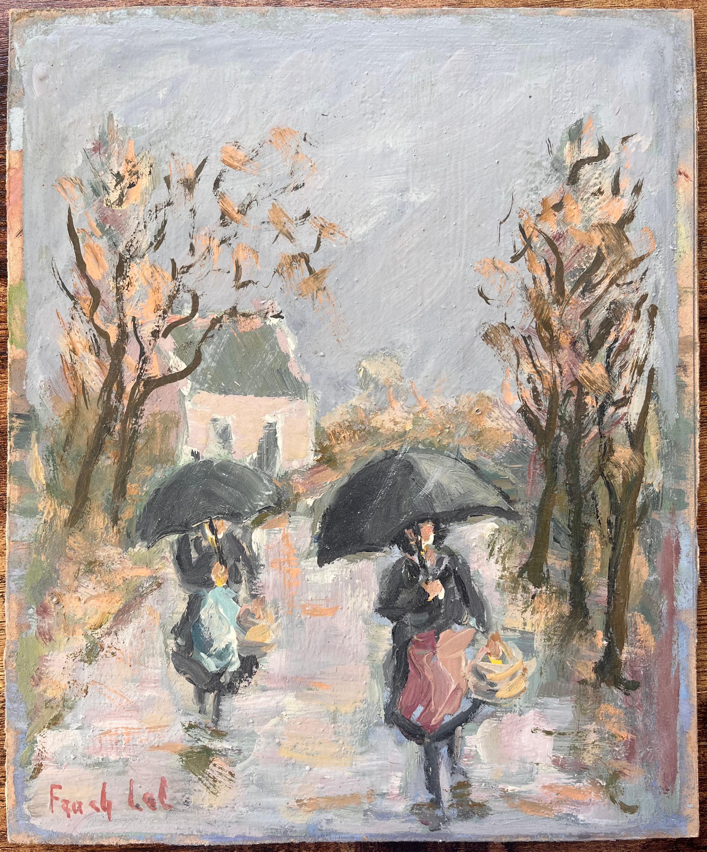 Scène de marché ensoleillée avec des femmes transportant des paniers et des parapluies noires - Painting de Fanch Lel