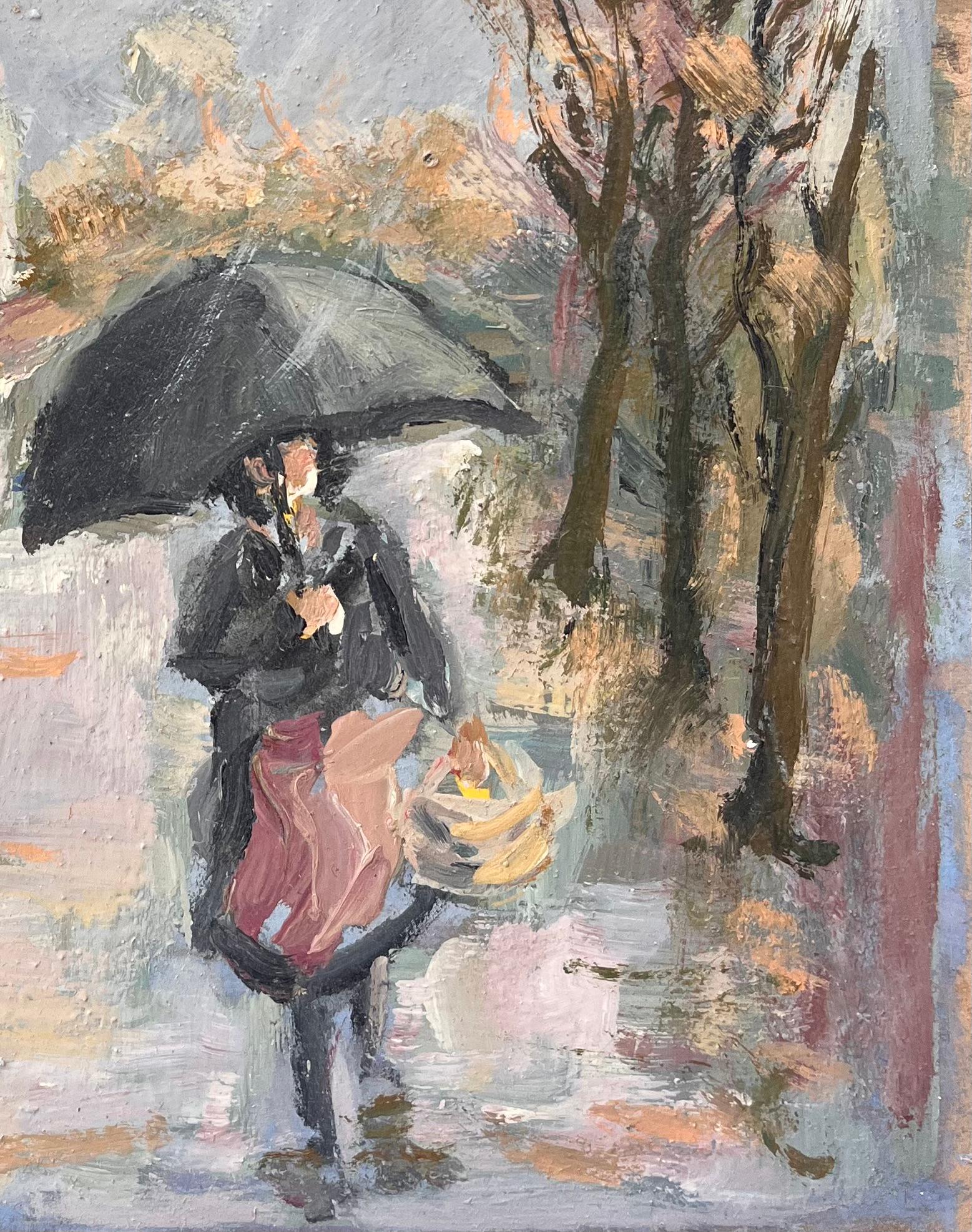 Scène de marché ensoleillée avec des femmes transportant des paniers et des parapluies noires - Impressionnisme Painting par Fanch Lel