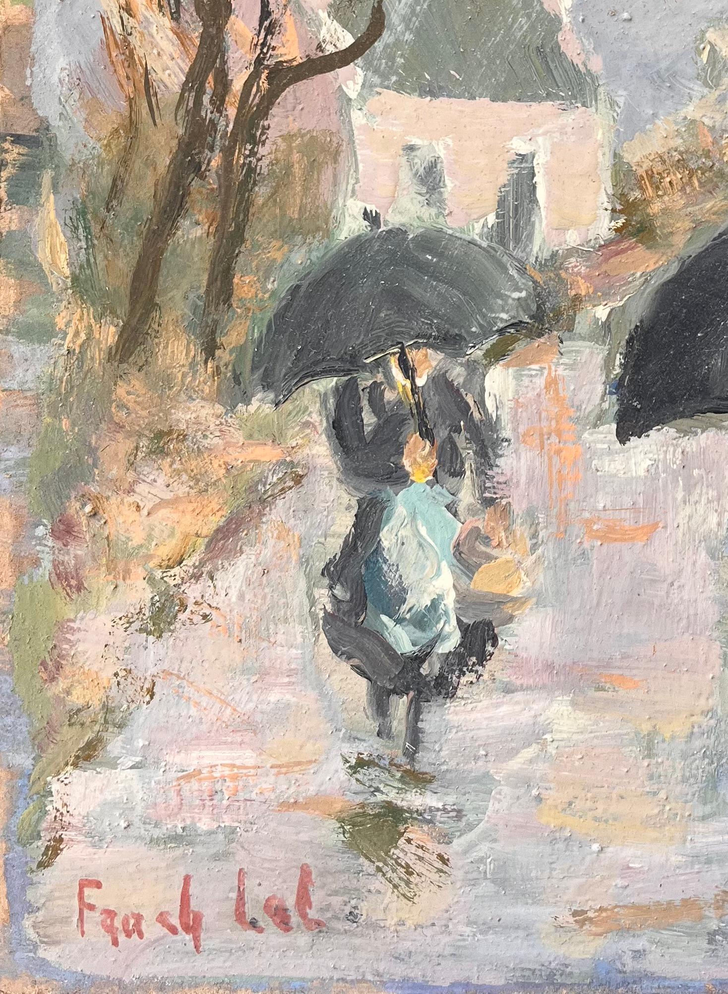 Scène de marché ensoleillée avec des femmes transportant des paniers et des parapluies noires - Noir Landscape Painting par Fanch Lel
