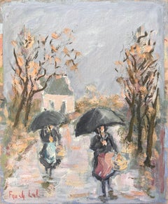 Vintage Rainy Market Day Scene with Women Carrying Baskets and Black Umbrellas