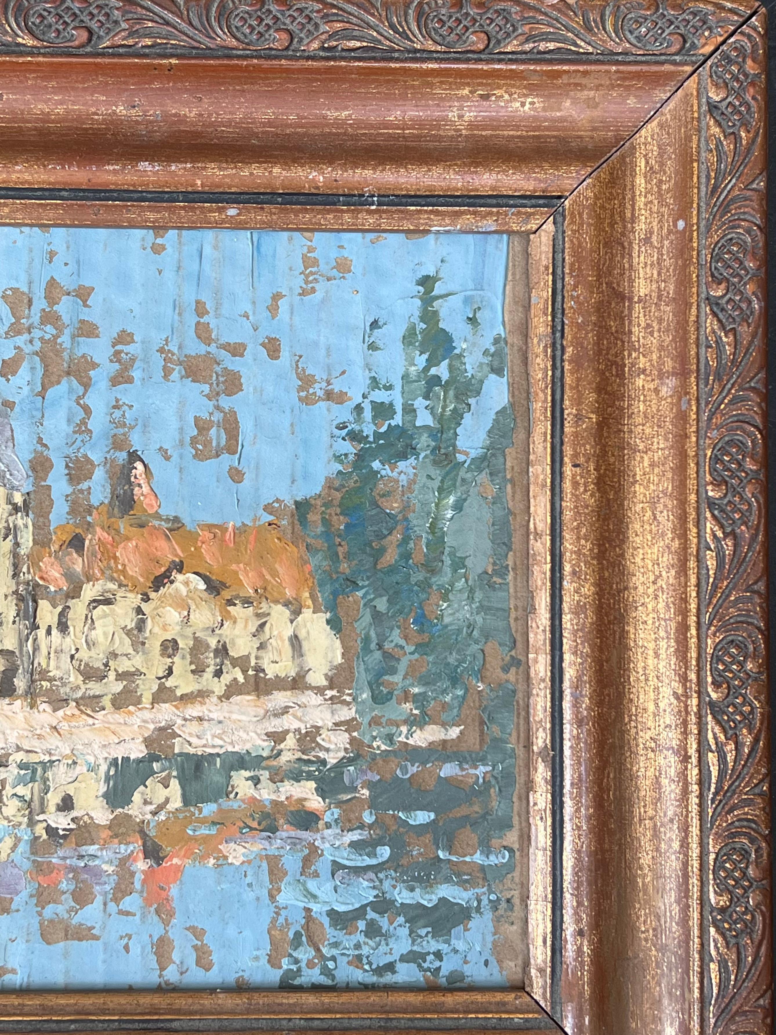 River Building Water Reflection French Oil Landscape Painting For Sale 1