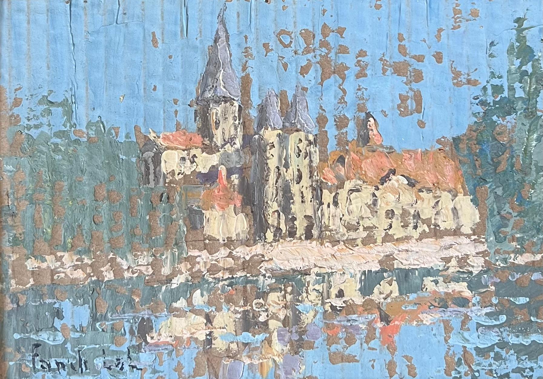 River Building Water Reflection French Oil Landscape Painting For Sale 2