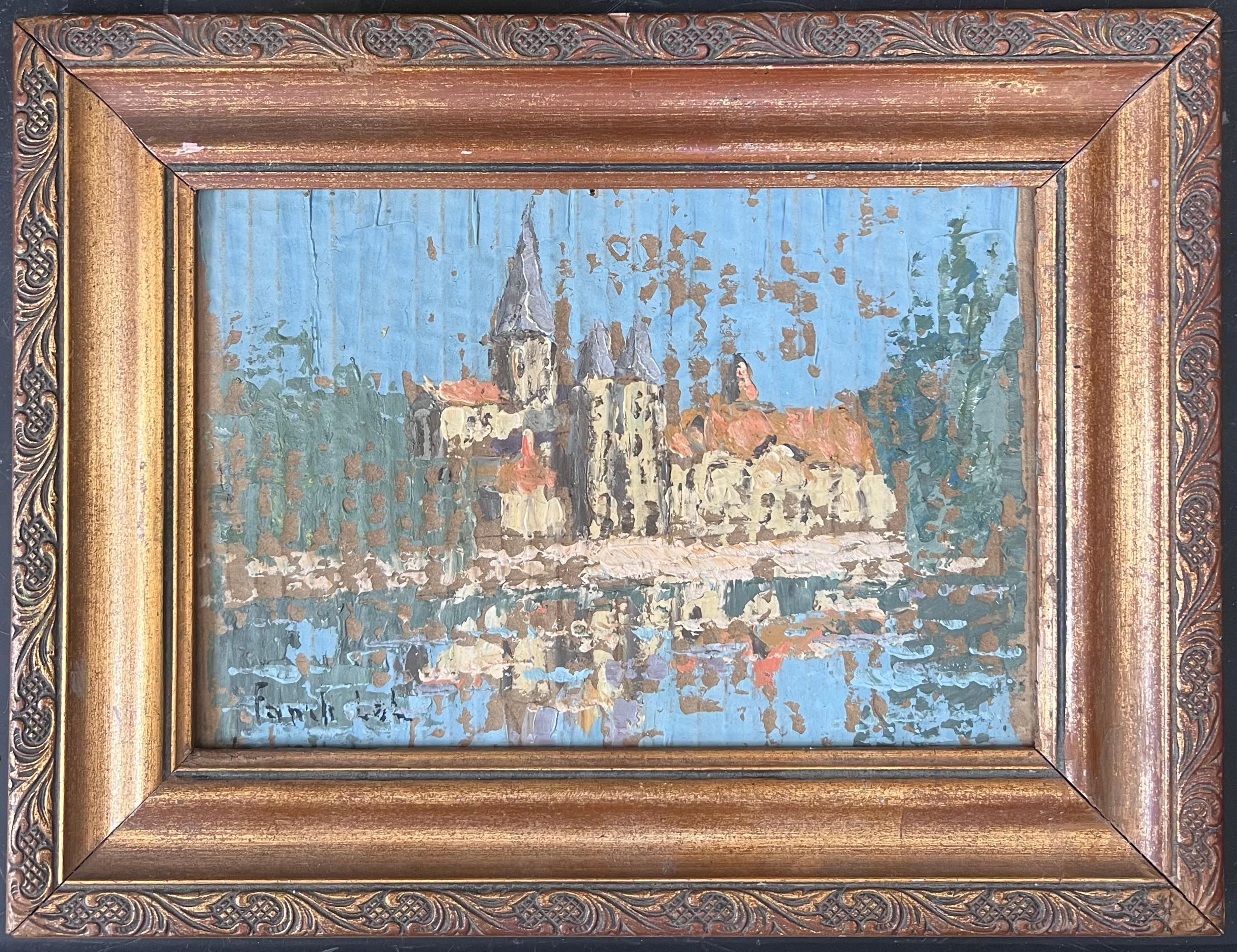 Riverside Reflections
Signed by Fanch Lel ( French School)
Framed: 9.75 x 12.5 inches
board: 6.5 x 9.25 inches
Oil painting on cardboard, framed
Condition: The painting is in good condition, with minor signs of handling at the edges.
Provenance: All
