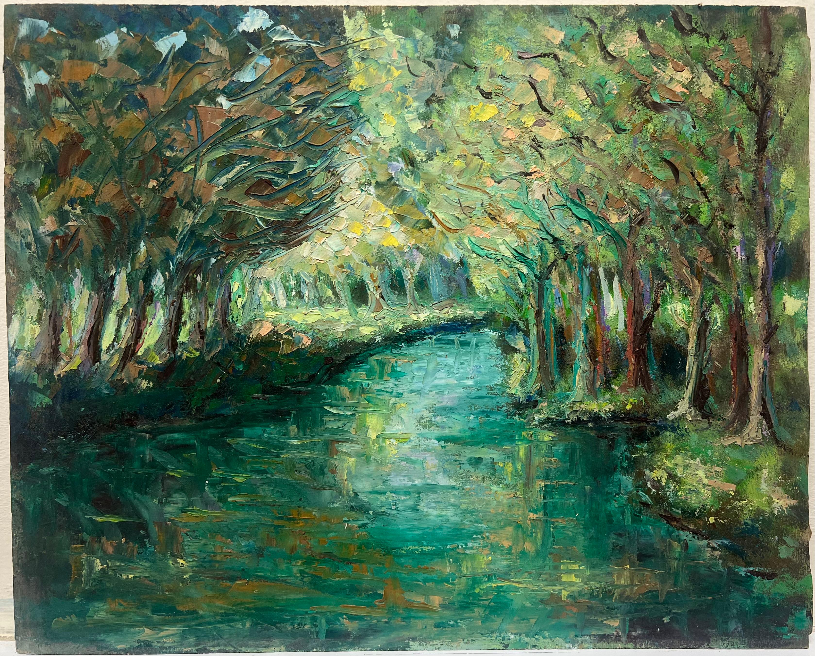 River Winding Through Forest with Light Filtering Through the Trees Oil Painting - Black Landscape Painting by Fanch Lel