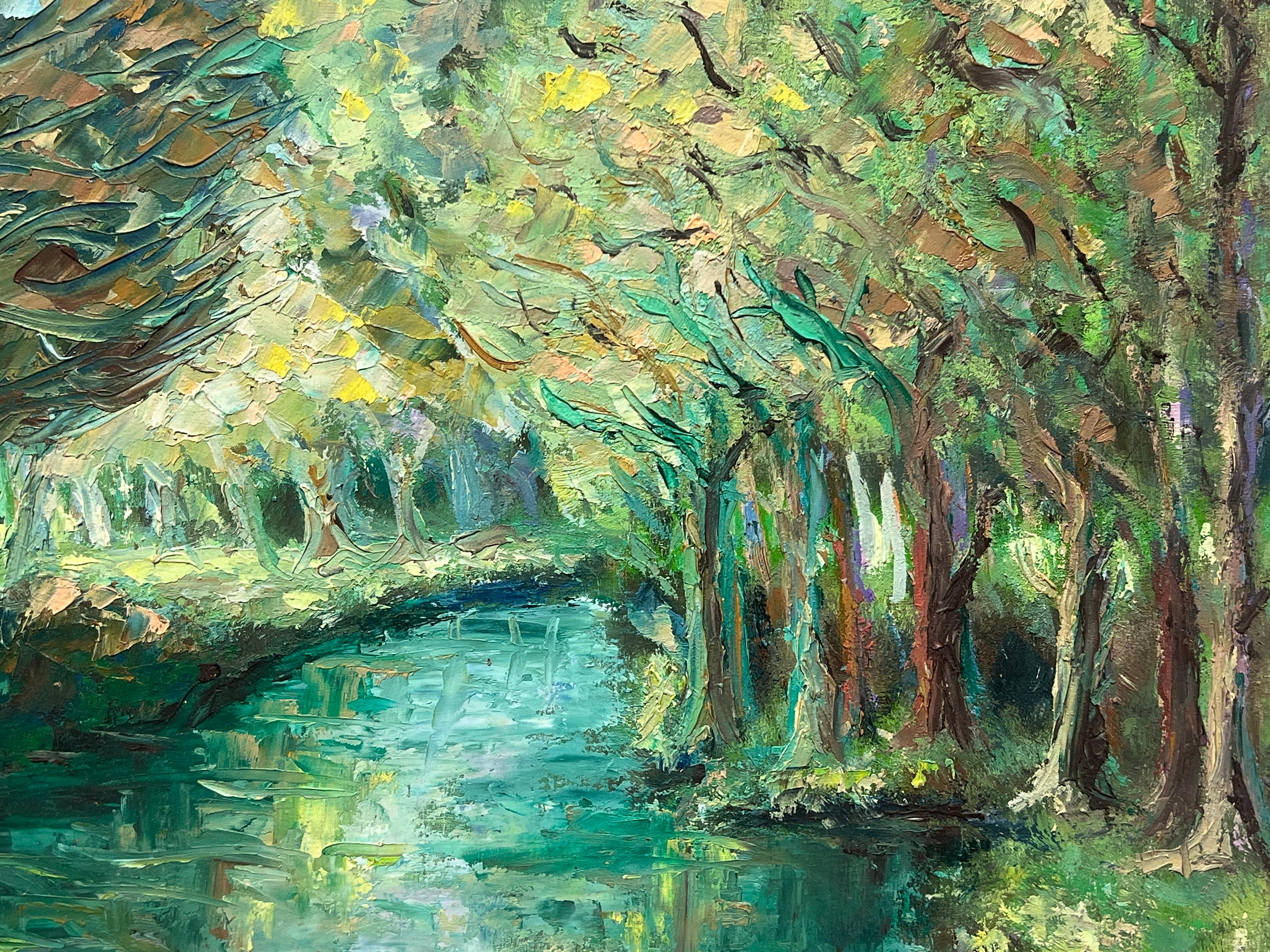 Serene River Landscape
by Fanch Lel (French b. 1930)
size: 13.5 x 16 inches
oil painting on board, unframed
condition: the painting is in very good condition. It has previously been stored in the artists studio. 

Provenance: all the paintings we