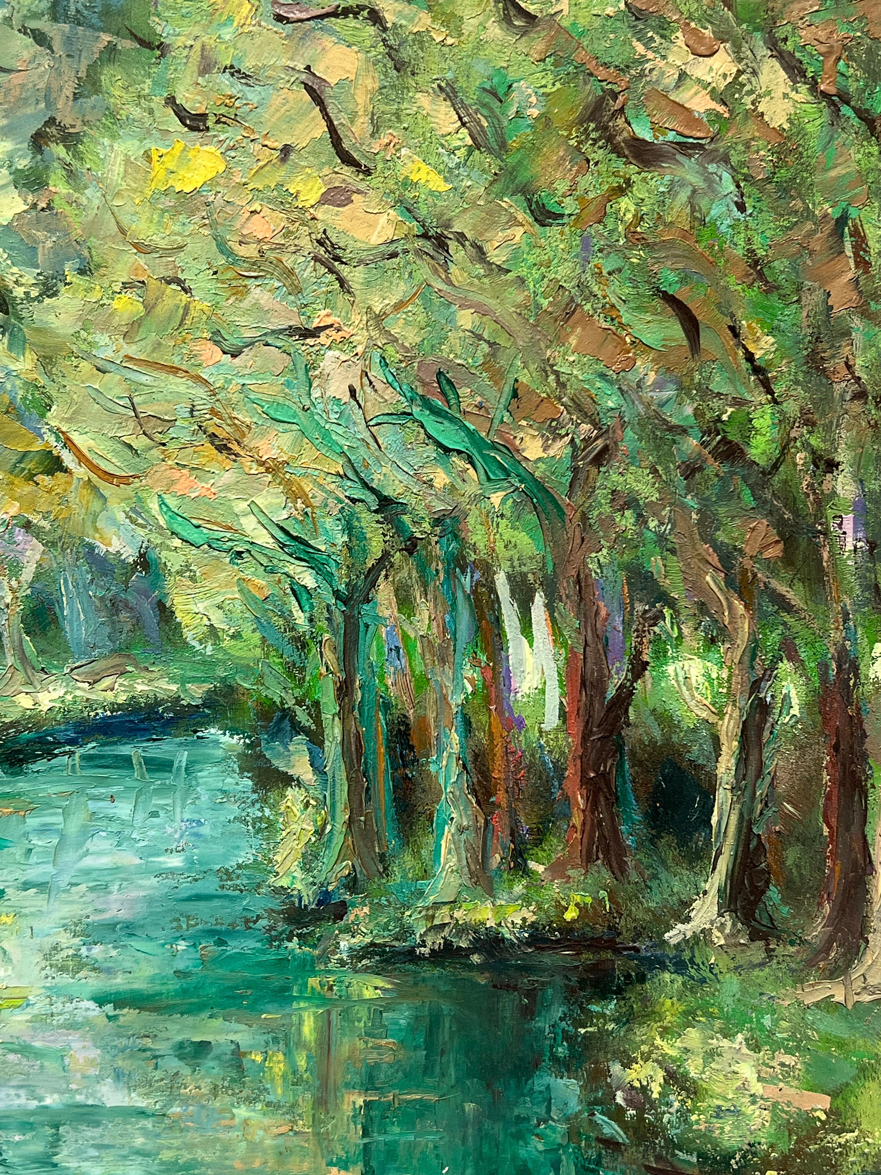 River Winding Through Forest with Light Filtering Through the Trees Oil Painting 4