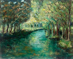 River Winding Through Forest with Light Filtering Through the Trees Oil Painting