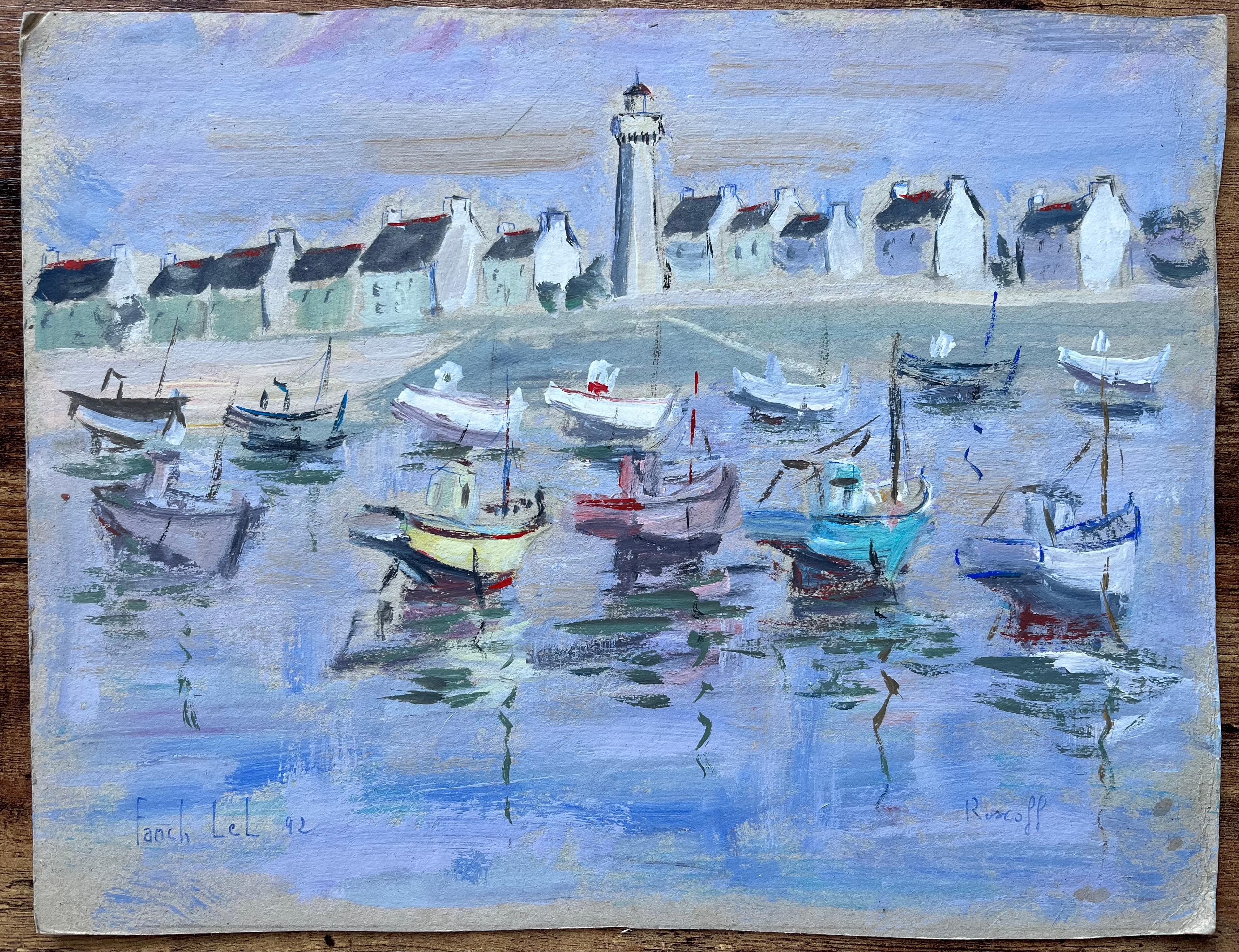 Porto di Roscoff con barche e faro Quadro costiero francese - Painting di Fanch Lel