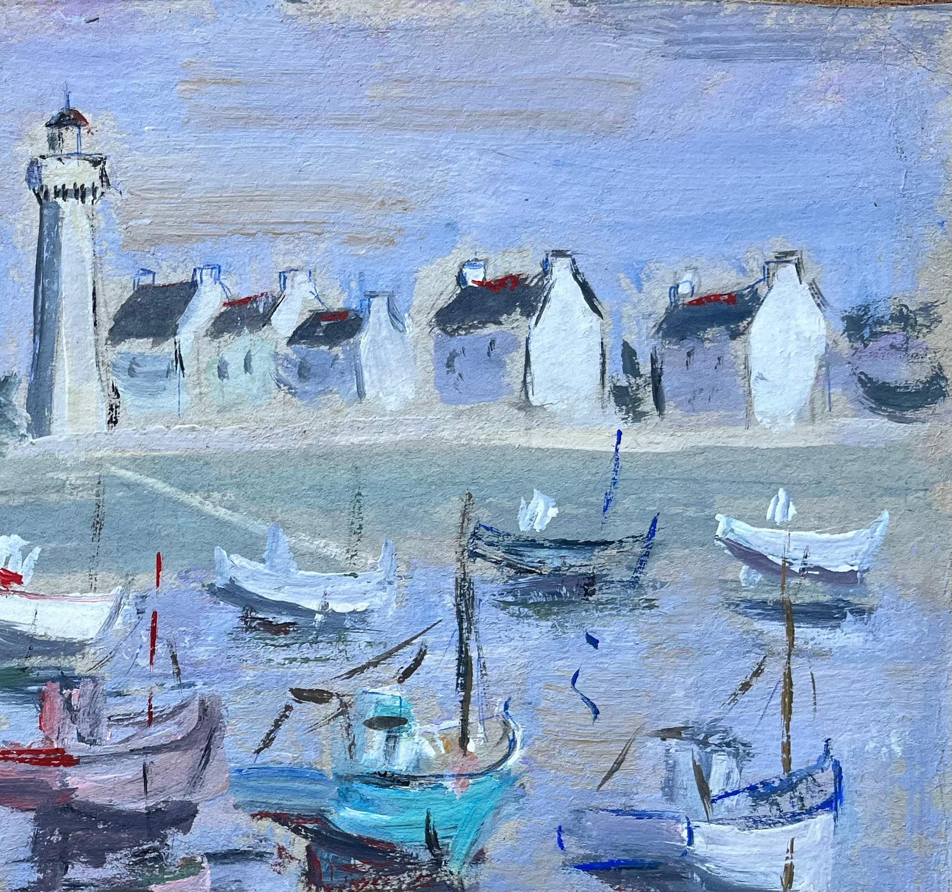 Porto di Roscoff con barche e faro Quadro costiero francese - Painting Impressionismo di Fanch Lel
