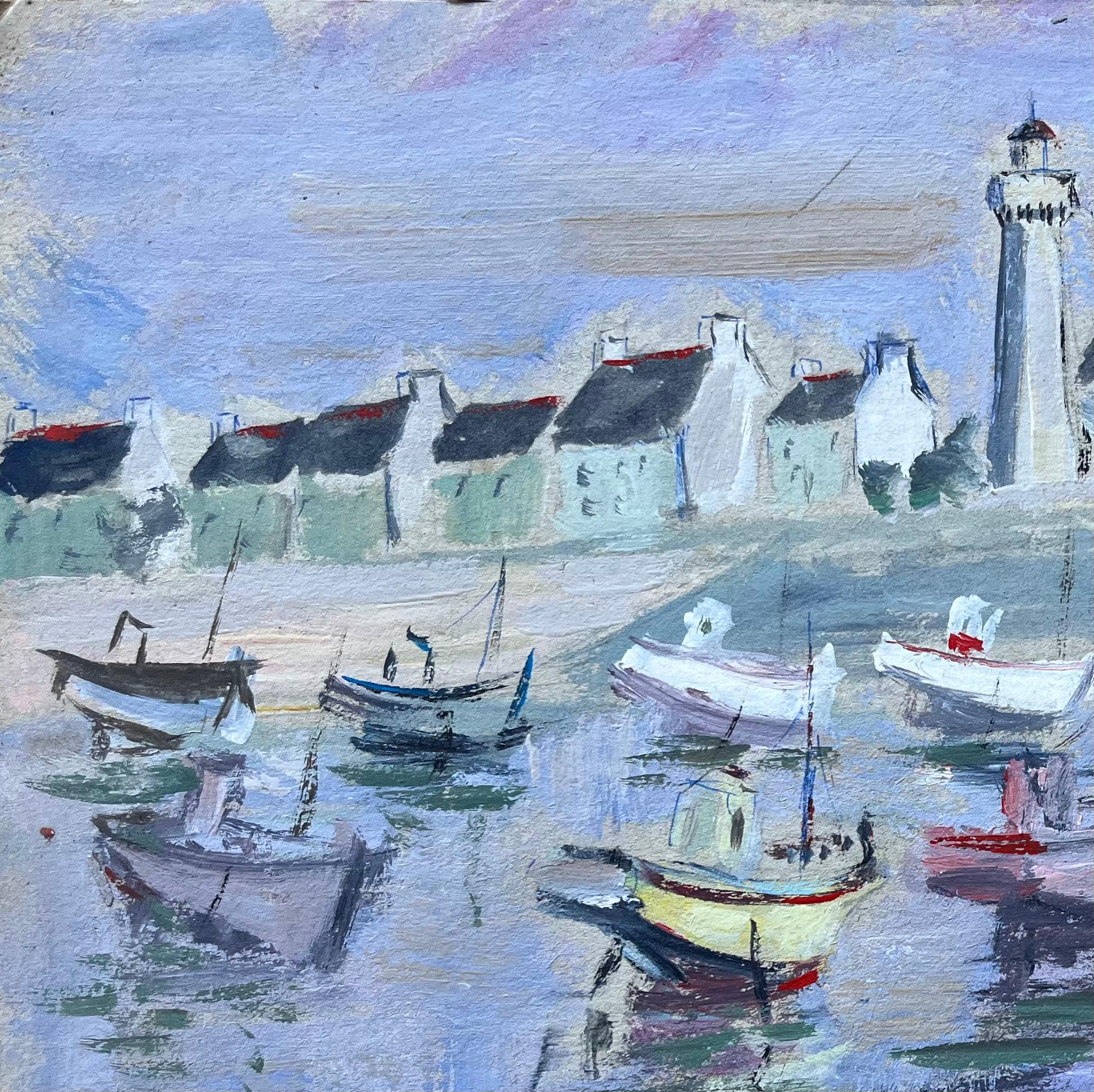 Porto di Roscoff con barche e faro Quadro costiero francese - Landscape Painting Blu di Fanch Lel