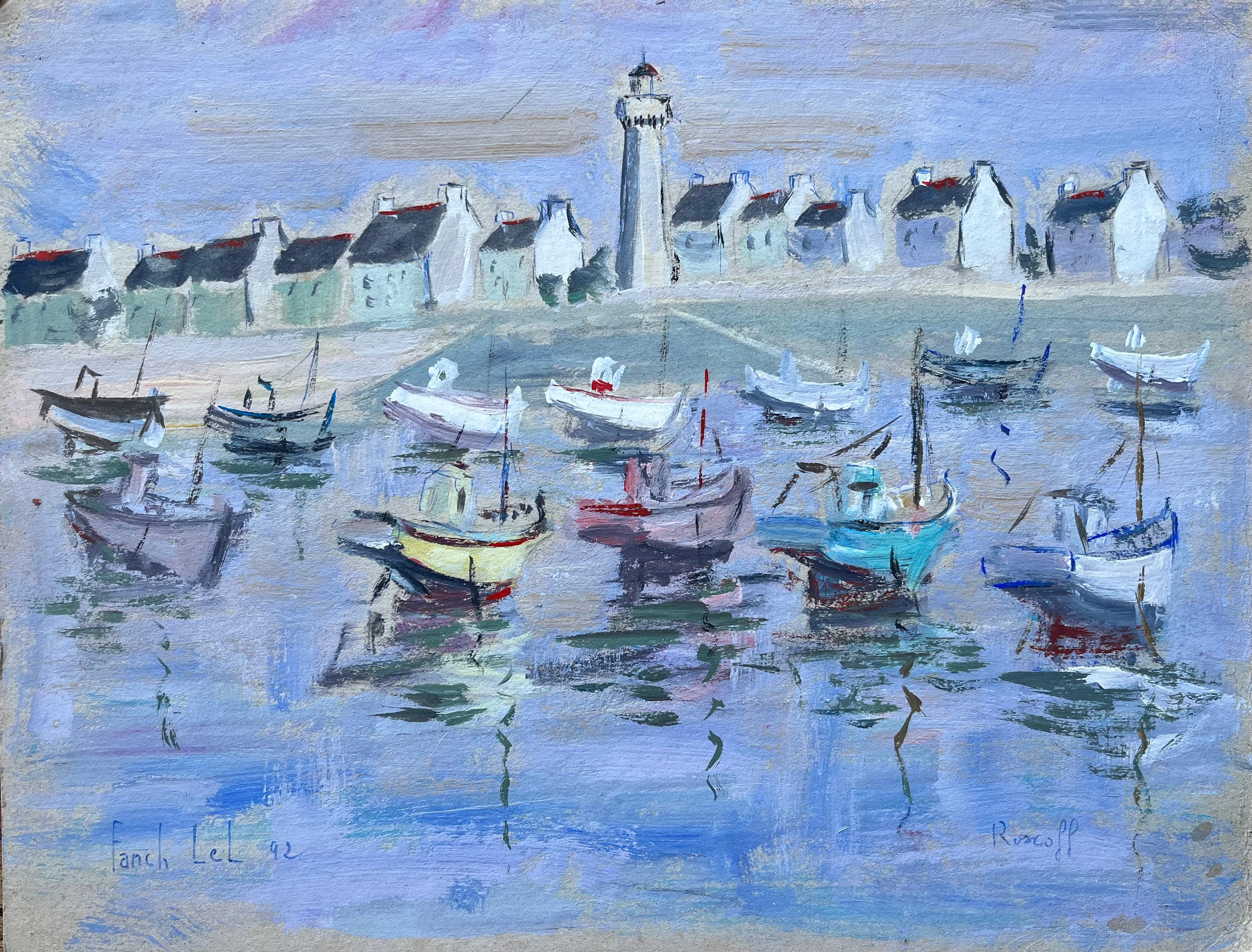Landscape Painting di Fanch Lel - Porto di Roscoff con barche e faro Quadro costiero francese