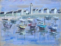 Vintage Roscoff Harbour with Boats and Lighthouse French Coastal Painting