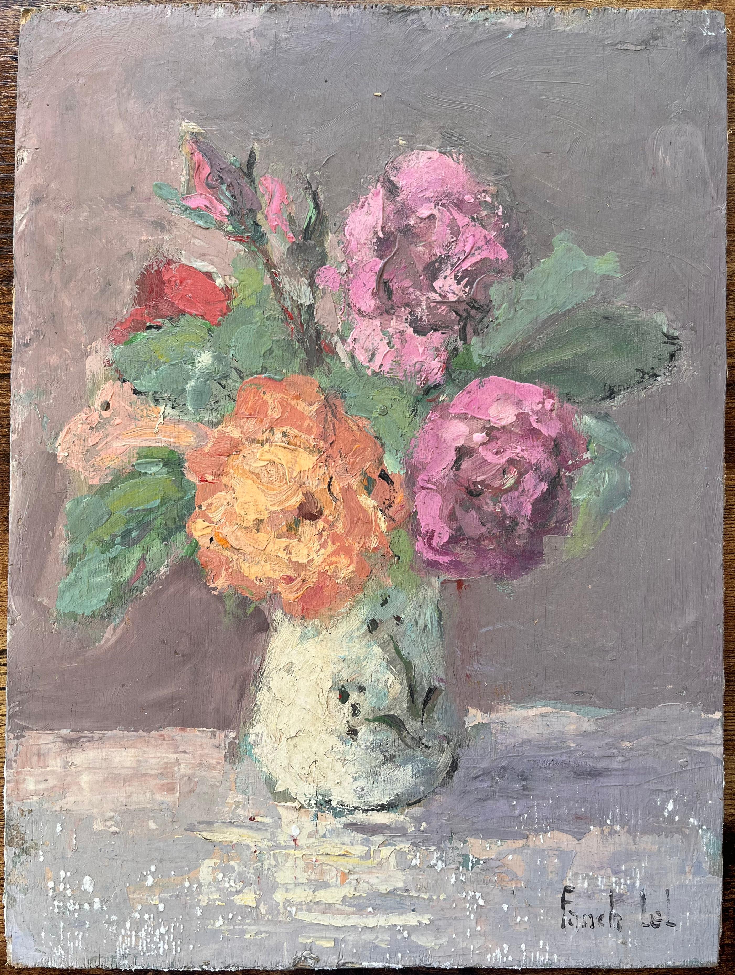 Roses de Mon Jardin, Blumenstillleben mit rosa und orangefarbenen Rosen in Vase – Painting von Fanch Lel
