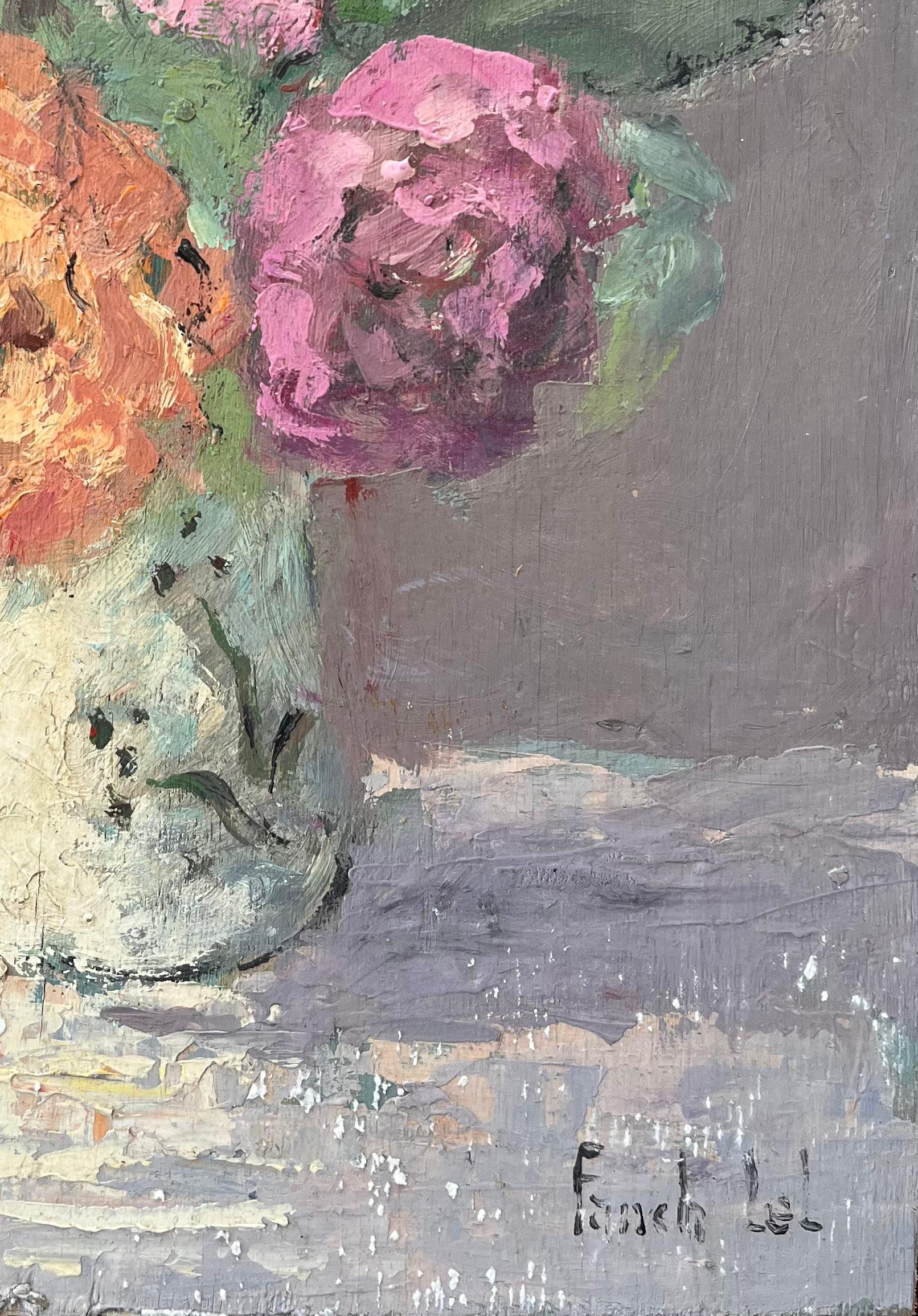 Roses de Mon Jardin, Blumenstillleben mit rosa und orangefarbenen Rosen in Vase (Impressionismus), Painting, von Fanch Lel