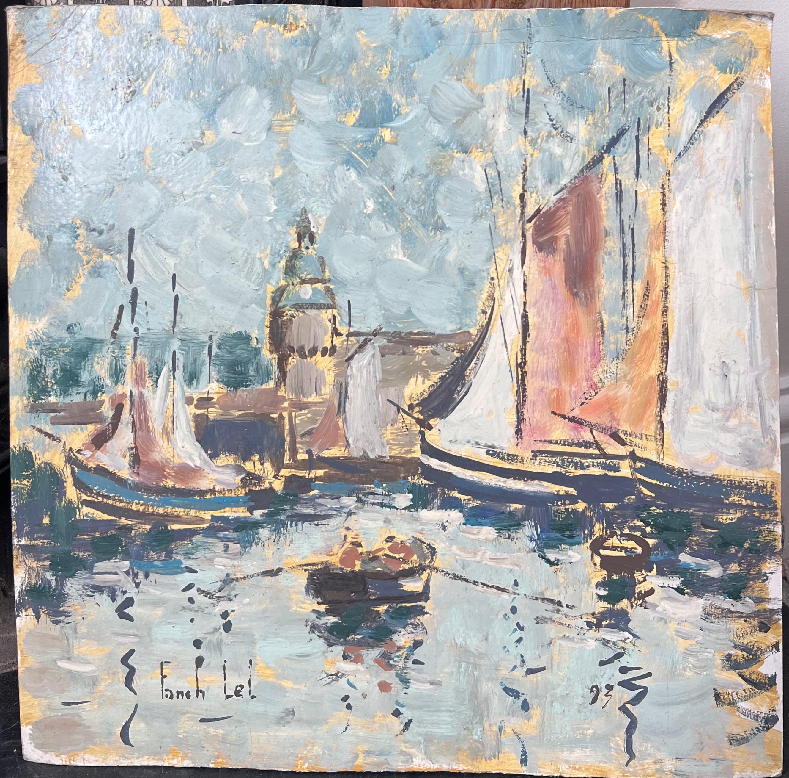Barco De Remo Entrando En El Ajetreado Puerto Lleno De Veleros Paisaje Pintado - Painting de Fanch Lel