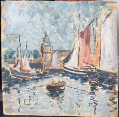 Ruderboot Einfahrt in den belebten Hafen voller Segelboot Landschaftsmalerei