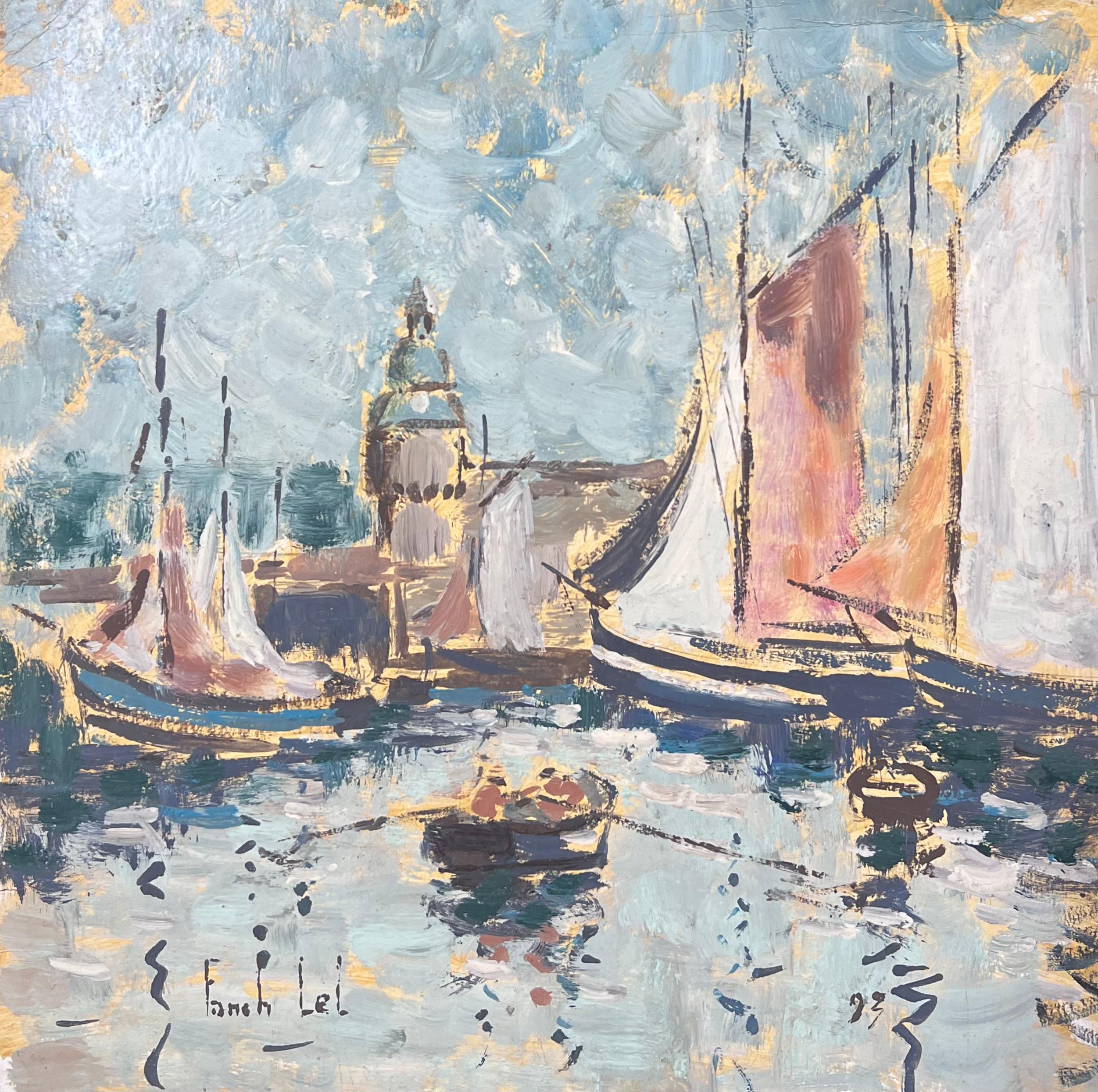 Barco De Remo Entrando En El Ajetreado Puerto Lleno De Veleros Paisaje Pintado en venta 3