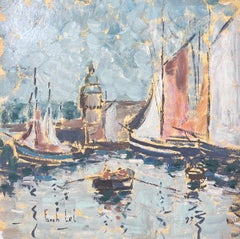 Barco De Remo Entrando En El Ajetreado Puerto Lleno De Veleros Paisaje Pintado