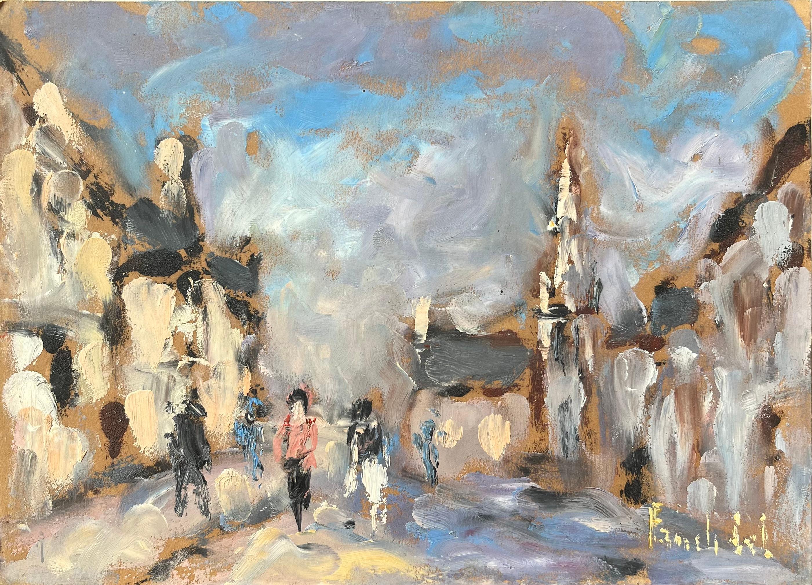 Fanch Lel Figurative Painting - "Rue de Village animée" French Oil Painting of a Village Street Scene