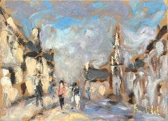 "Rue de Village animée" French Oil Painting of a Village Street Scene