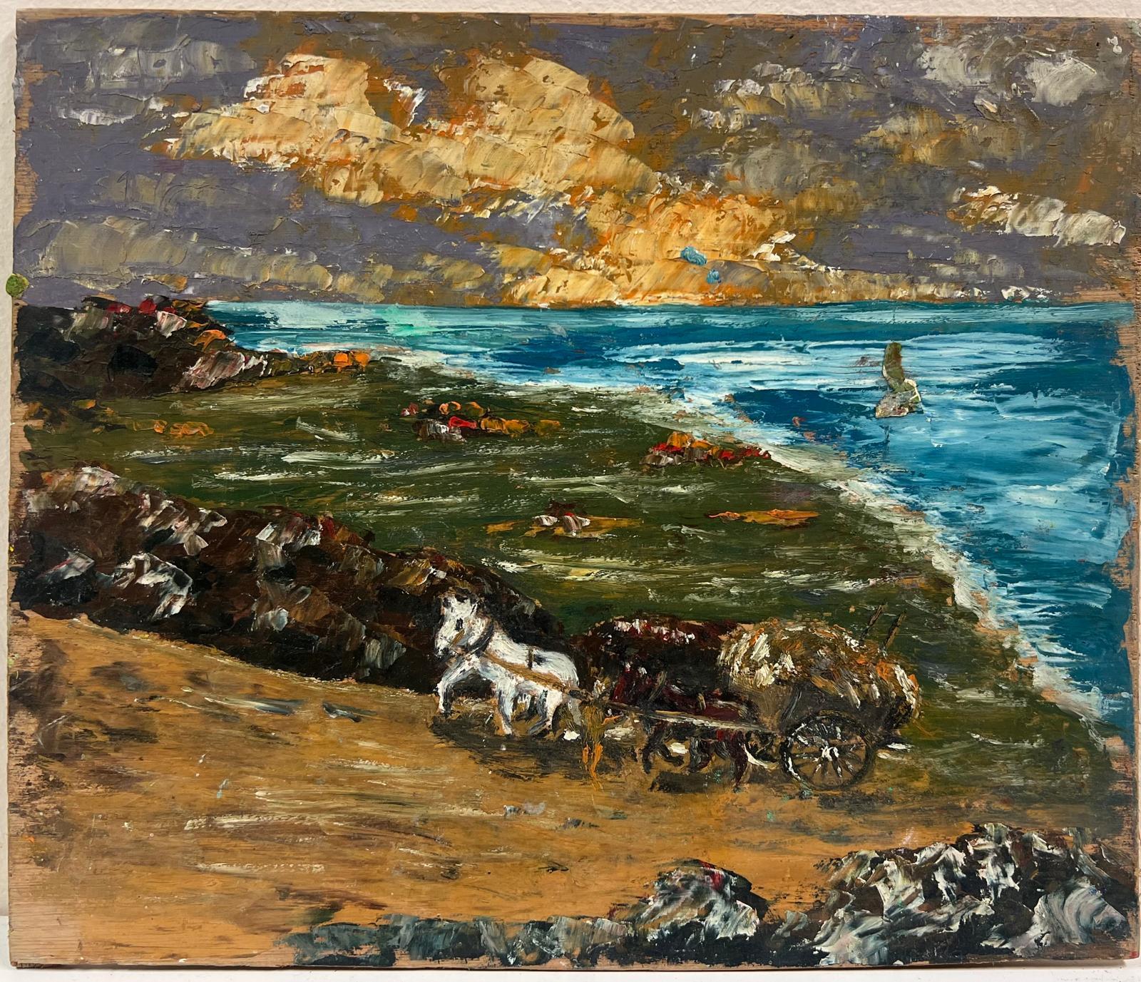Rustikale Küstenlandschaft mit Pferd undwagen, Ölgemälde – Painting von Fanch Lel