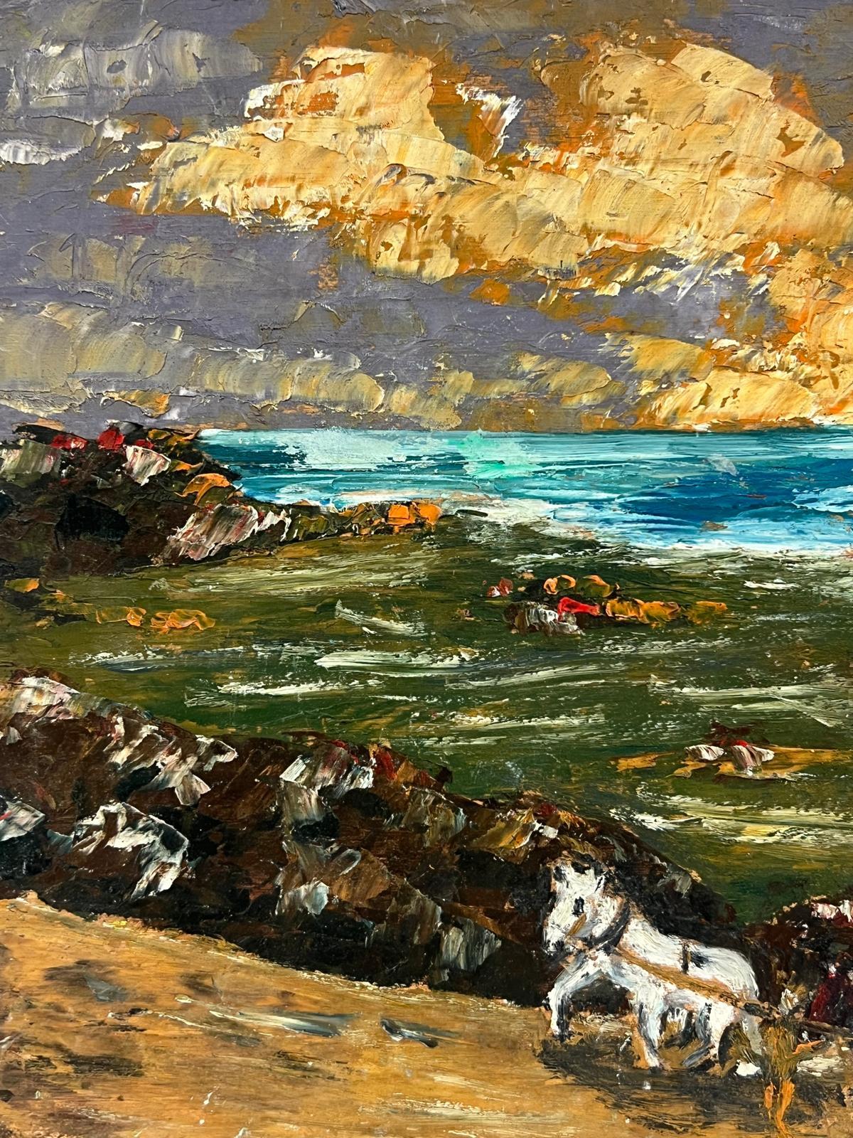 Rustikale Küstenlandschaft mit Pferd undwagen, Ölgemälde (Braun), Landscape Painting, von Fanch Lel