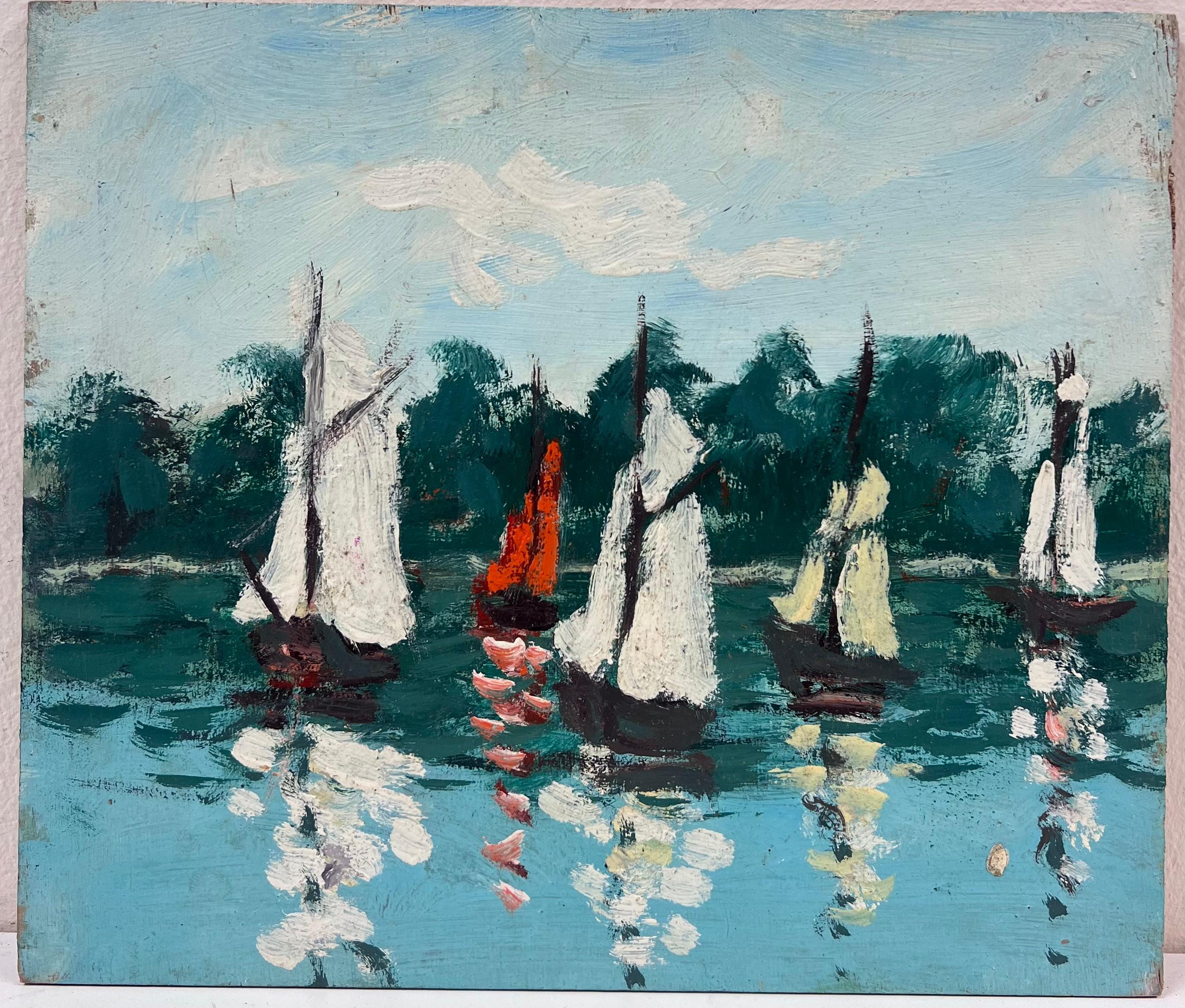 Segelboote in warmen Gewässern mit üppigem Wald background unter einem leuchtenden Himmel (Impressionismus), Painting, von Fanch Lel