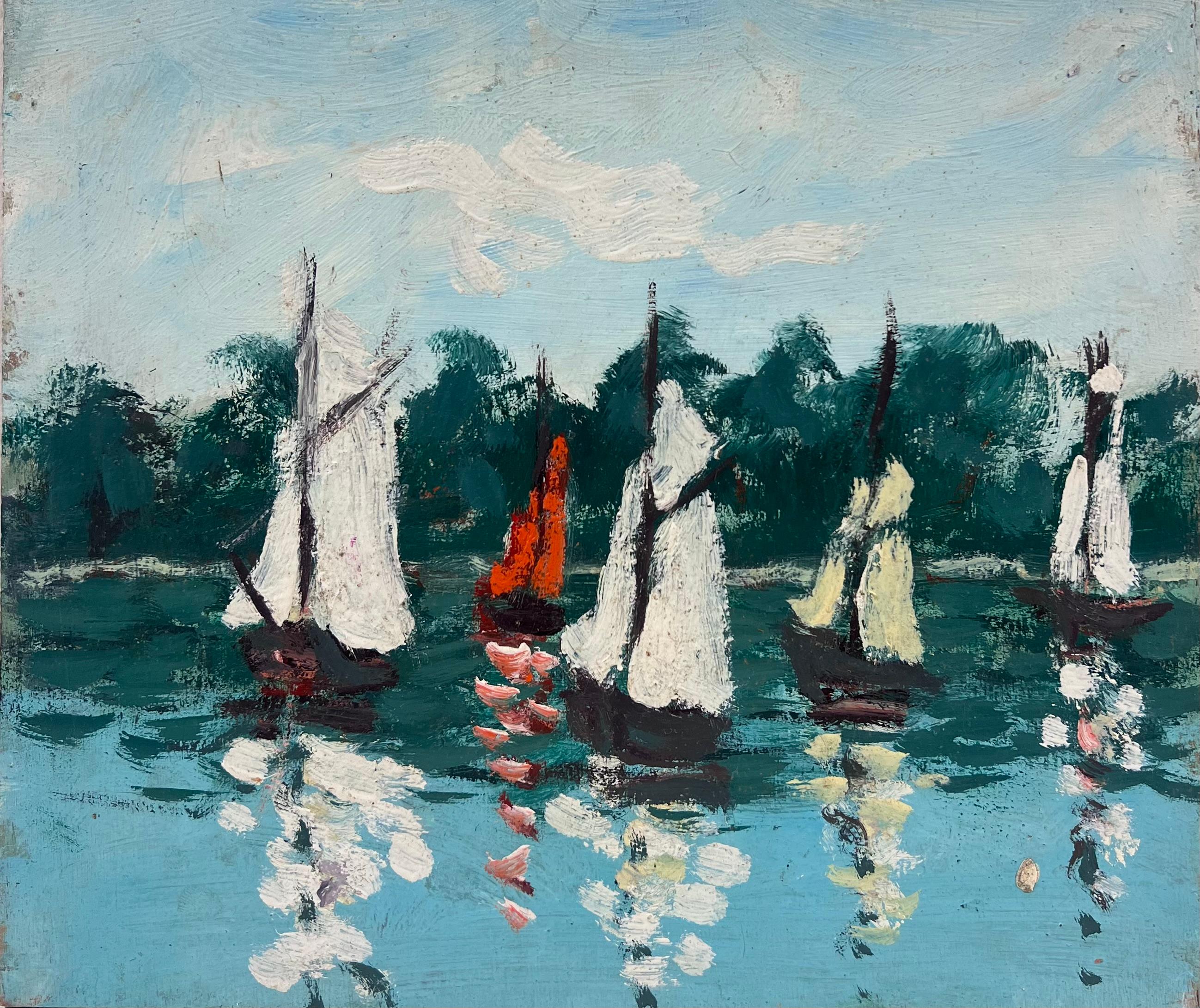Segelboote in warmen Gewässern mit üppigem Wald background unter einem leuchtenden Himmel (Blau), Landscape Painting, von Fanch Lel