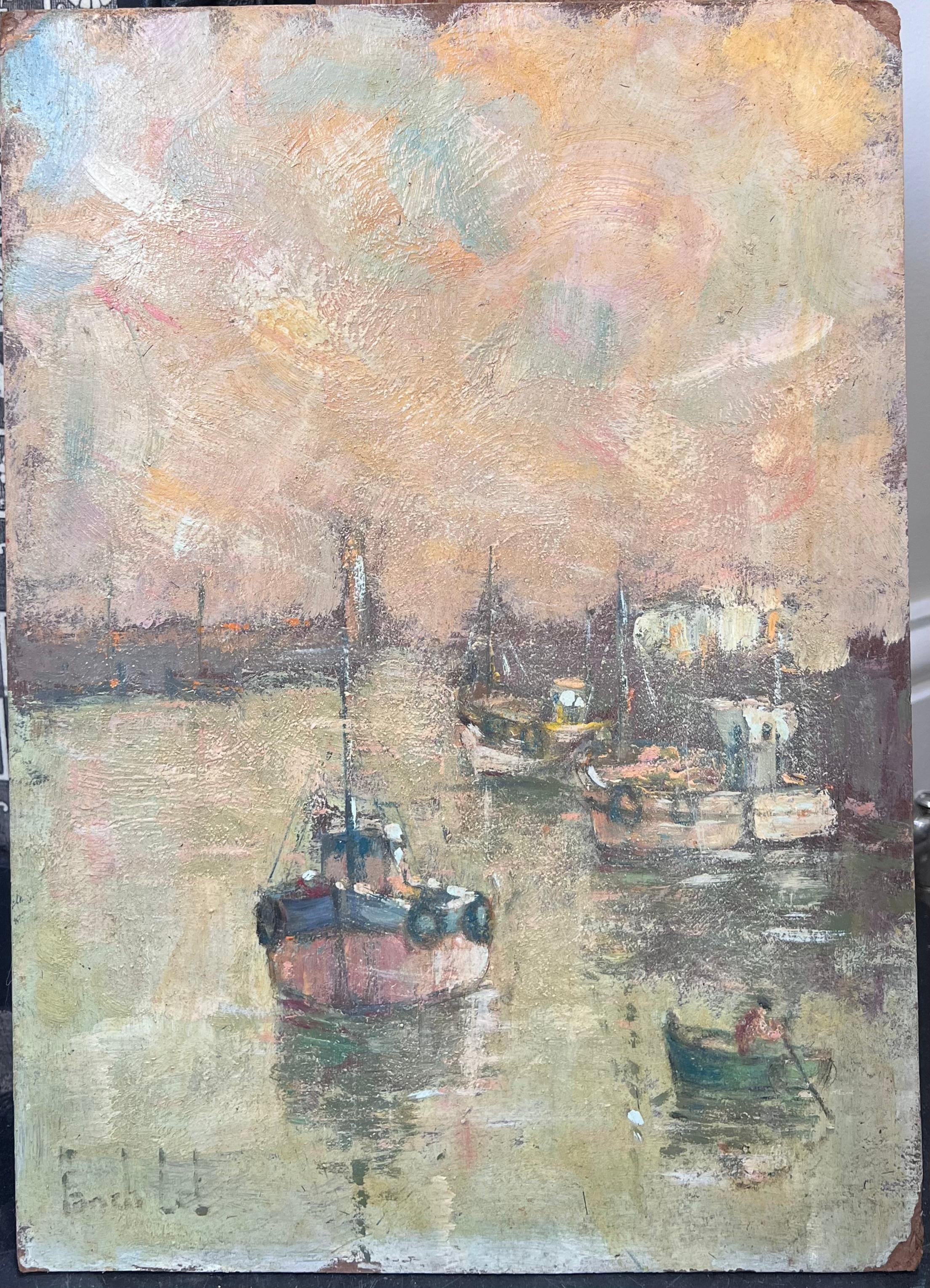 Segelboot und Ruderboot bei der Ankunft im Hafen Französisches Ölgemälde – Painting von Fanch Lel