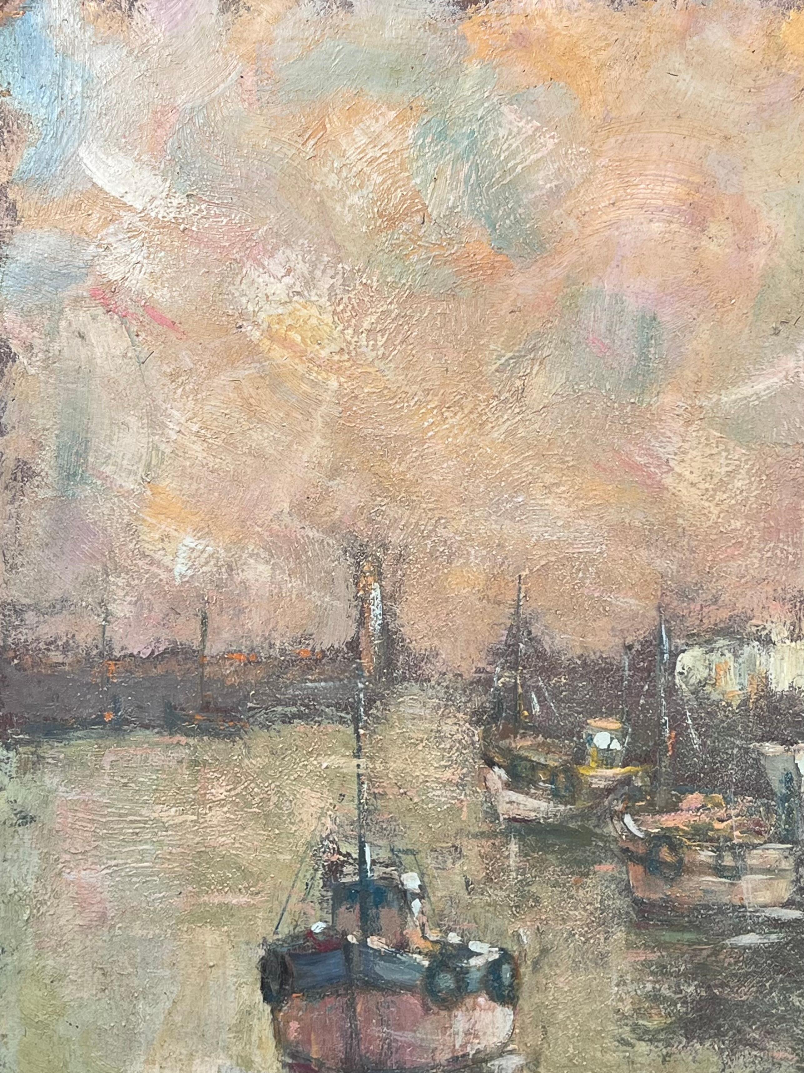 Segelboot und Ruderboot bei der Ankunft im Hafen Französisches Ölgemälde (Impressionismus), Painting, von Fanch Lel
