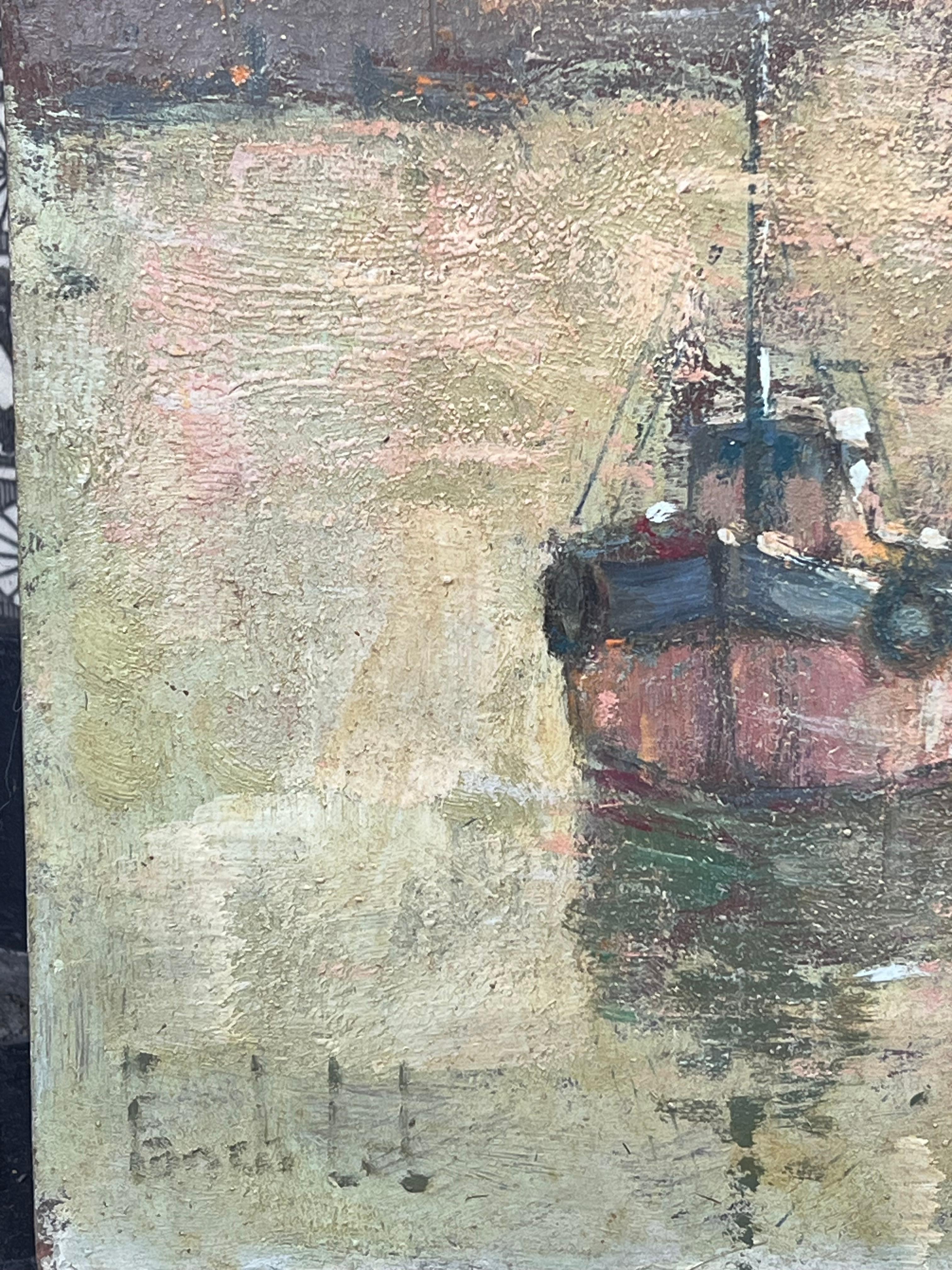 Segelboot und Ruderboot bei der Ankunft im Hafen Französisches Ölgemälde (Beige), Landscape Painting, von Fanch Lel