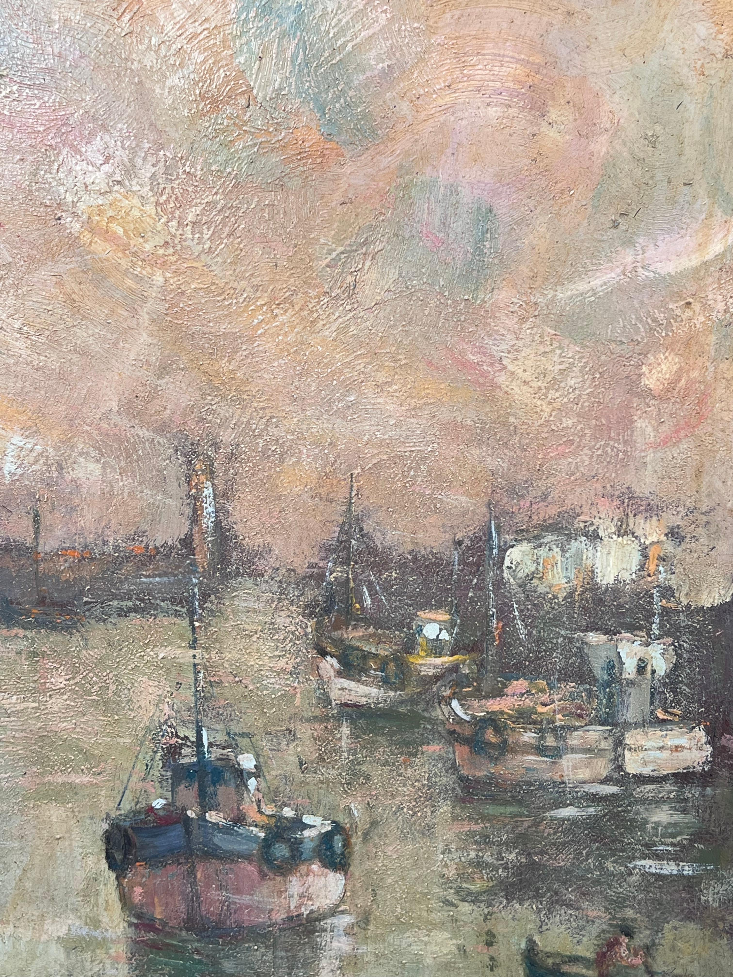 Segelboot und Ruderboot bei der Ankunft im Hafen Französisches Ölgemälde im Angebot 2
