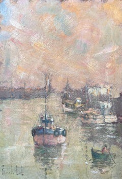 Sailing Boat and Rowing Boat Arriving at The Harbour French Oil Painting