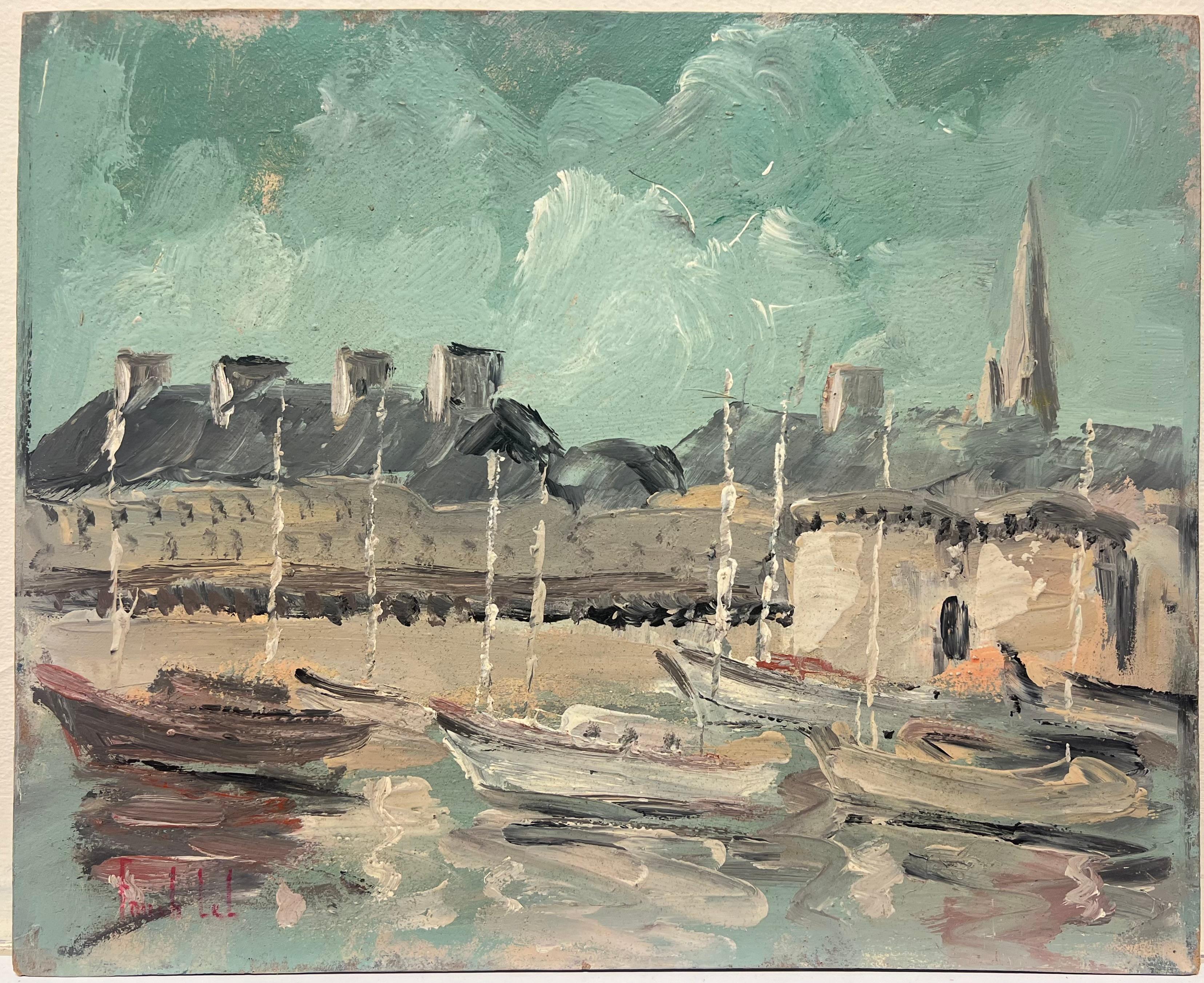 Serena scena di porto francese con barche a vela ed edifici storici Pittura ad olio - Painting di Fanch Lel