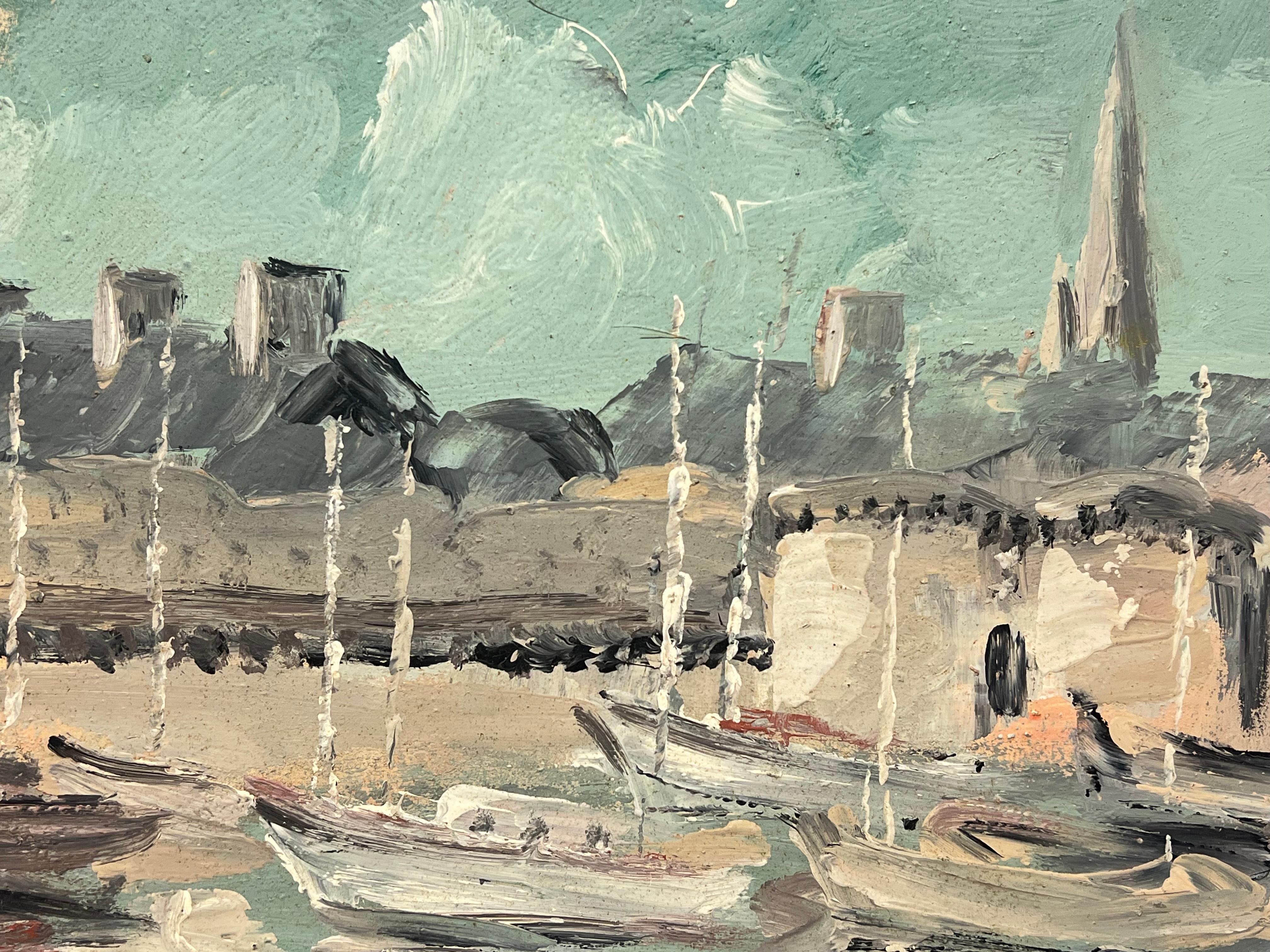 Serena scena di porto francese con barche a vela ed edifici storici Pittura ad olio - Painting Impressionismo di Fanch Lel