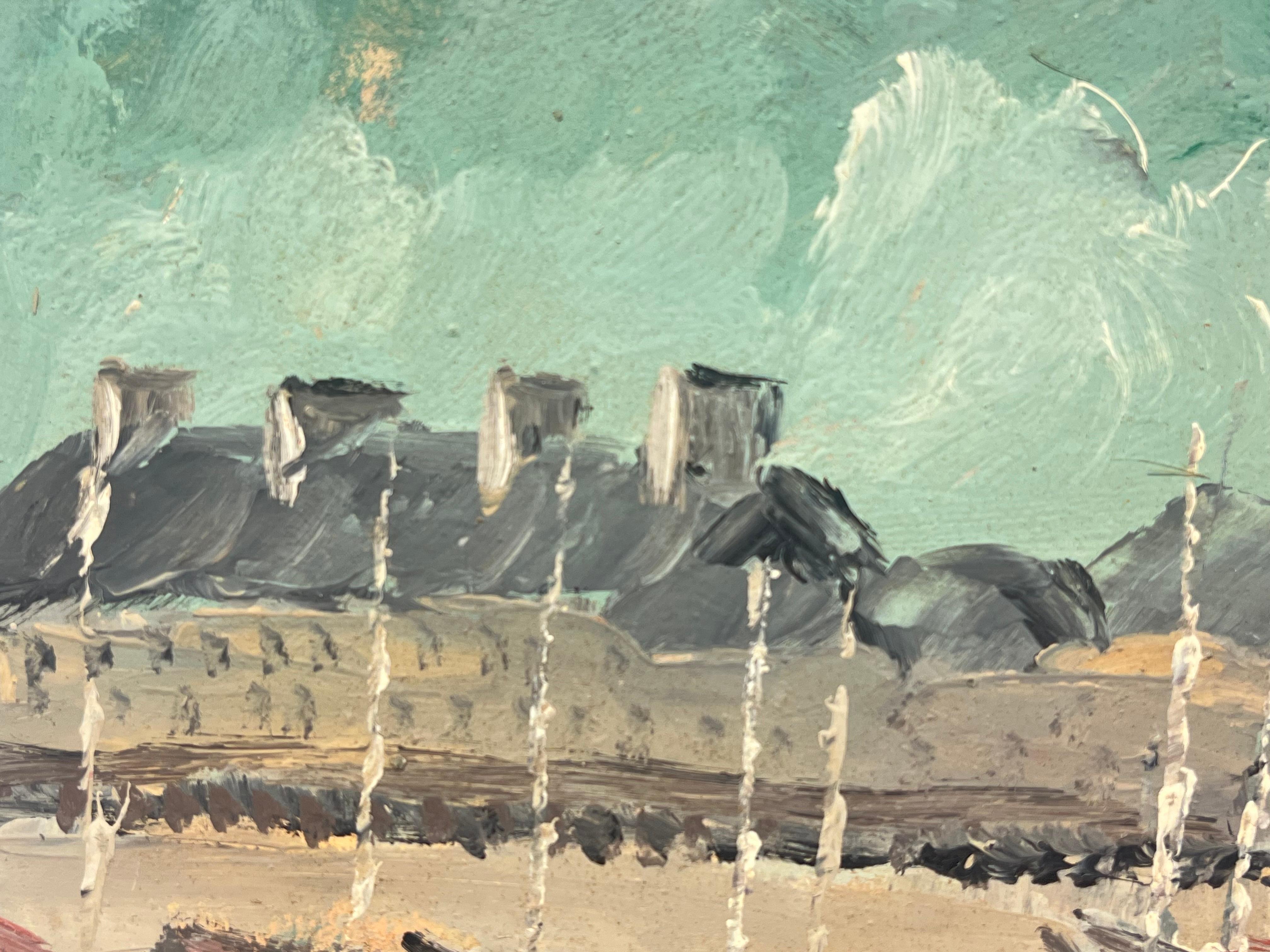 Serena scena di porto francese con barche a vela ed edifici storici Pittura ad olio - Landscape Painting Grigio di Fanch Lel