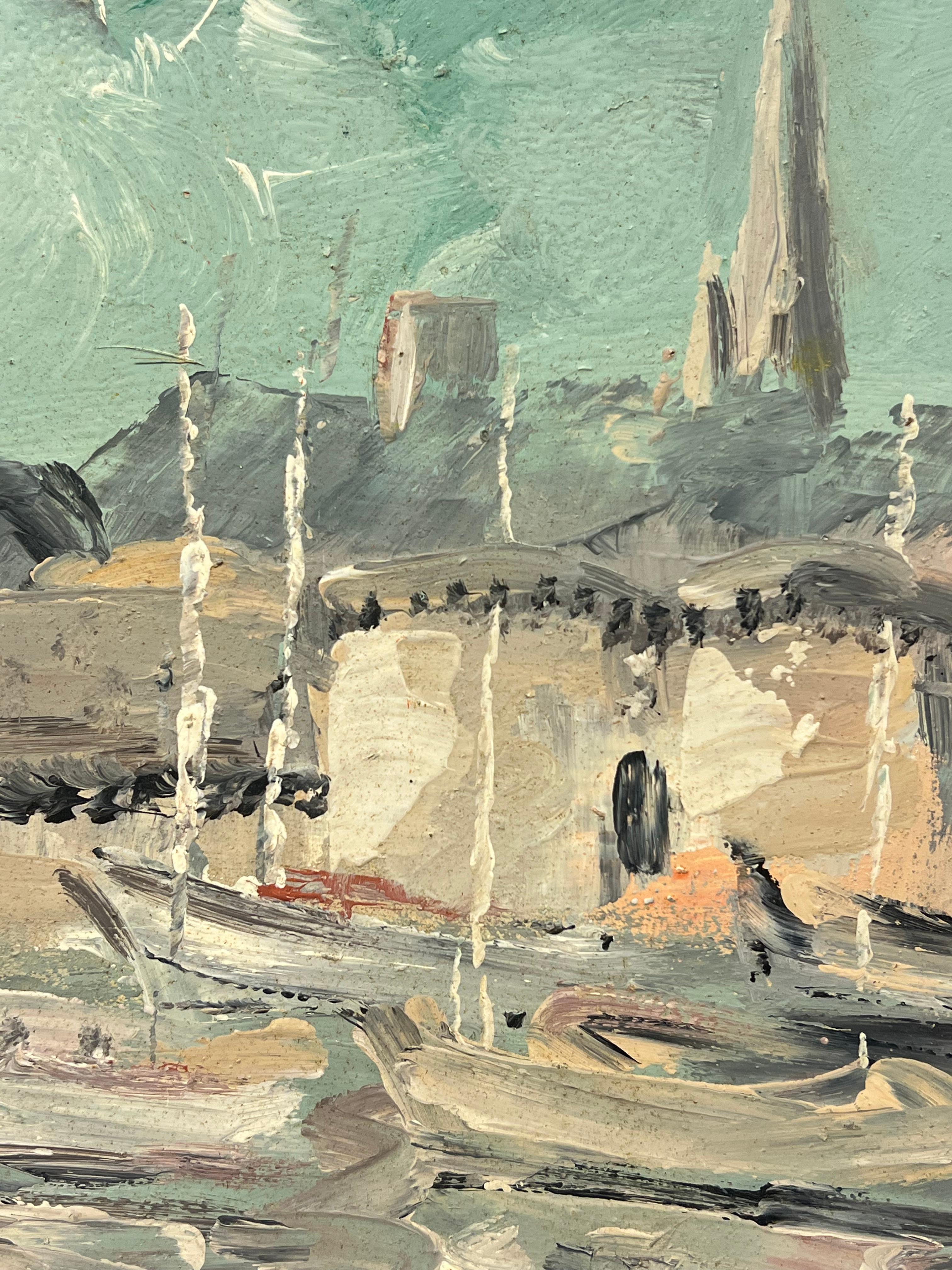 Serena scena di porto francese con barche a vela ed edifici storici Pittura ad olio 1