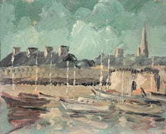 Serena scena di porto francese con barche a vela ed edifici storici Pittura ad olio