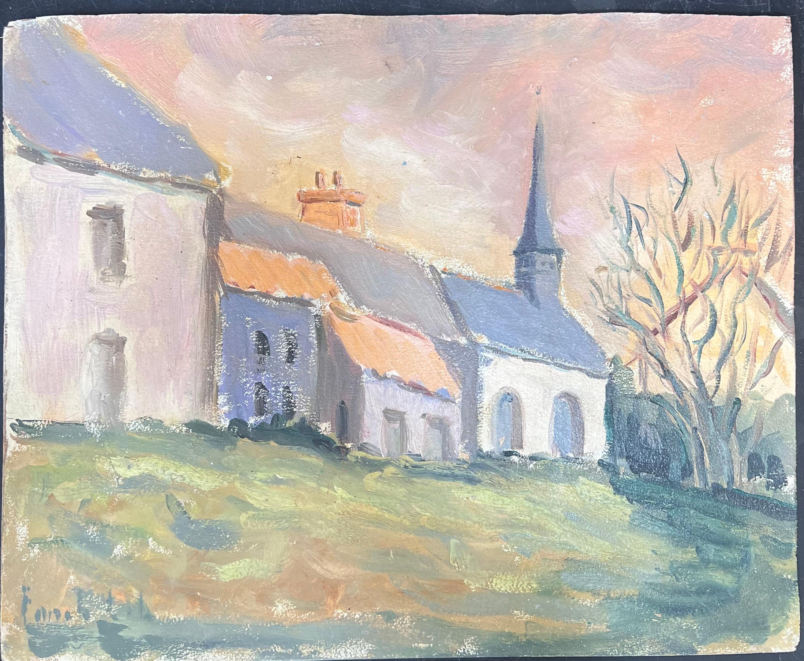 Kleine ländliche Dorf Dorf im Sommer Licht Französisch Ölgemälde – Painting von Fanch Lel