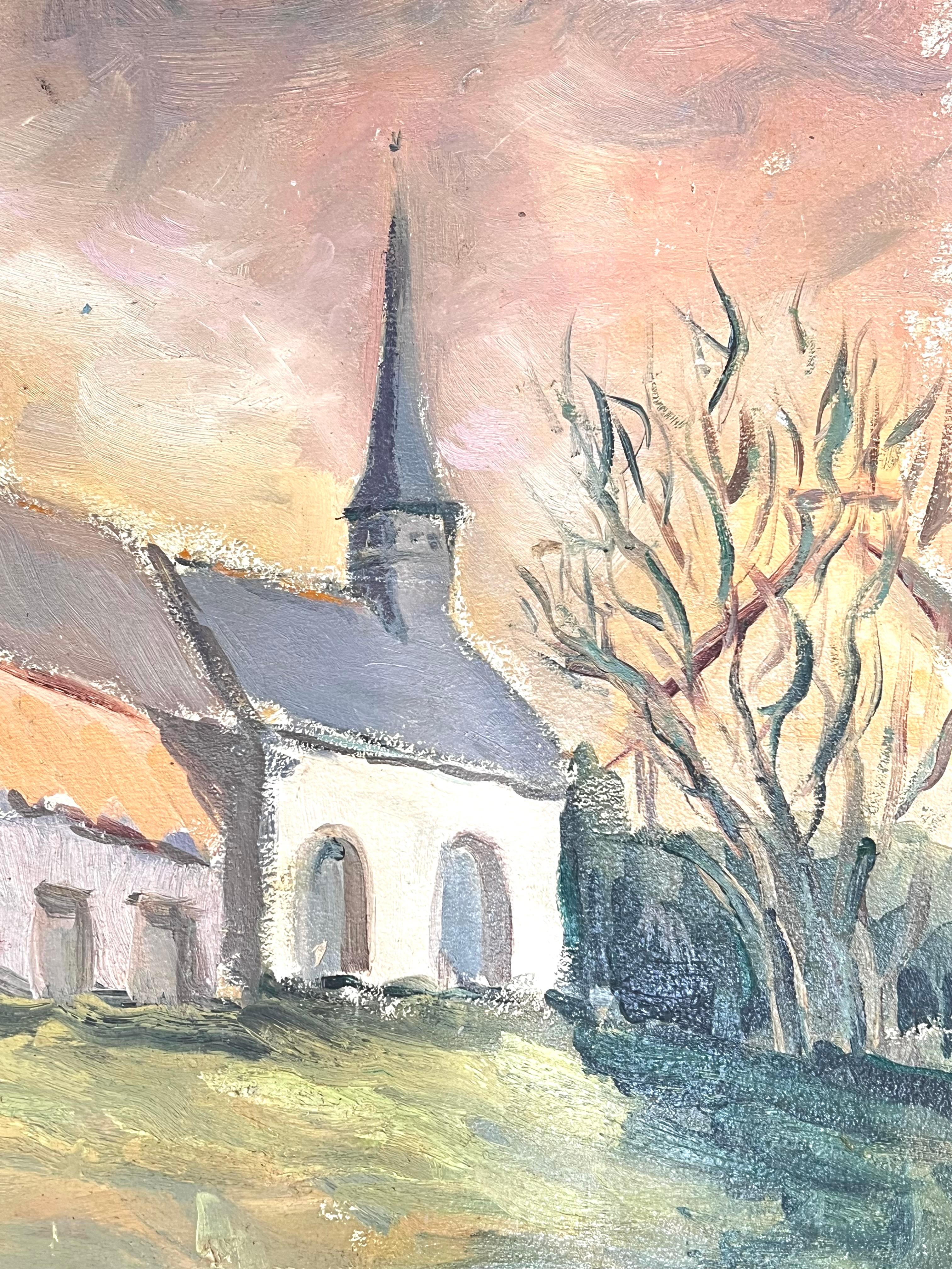 Kleine ländliche Dorf Dorf im Sommer Licht Französisch Ölgemälde (Beige), Landscape Painting, von Fanch Lel