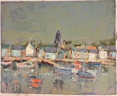 Soft Coastal Harbour with Boats and Pastel Village Reflections French Oil