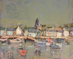 Soft Coastal Harbour with Boats and Pastel Village Reflections French Oil