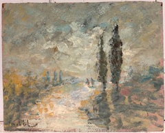 Soft Impressionist Landscape with Cypress Trees and Figures Along a Sunlit Path