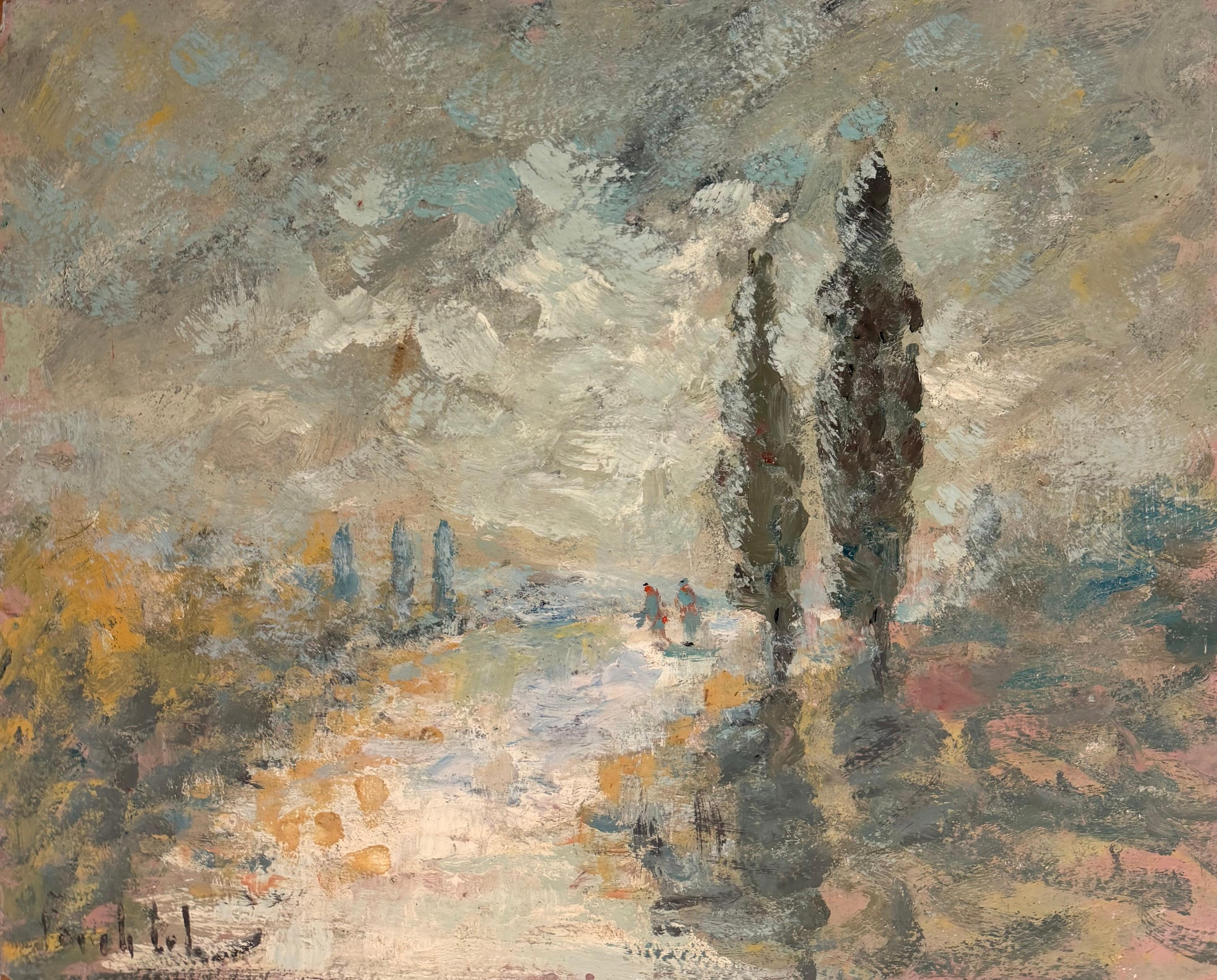 Soft Impressionist Landscape with Cypress Trees and Figures Along a Sunlit Path