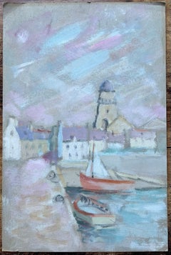 Escena portuaria en colores pastel suaves con barcos y torre de iglesia Francia