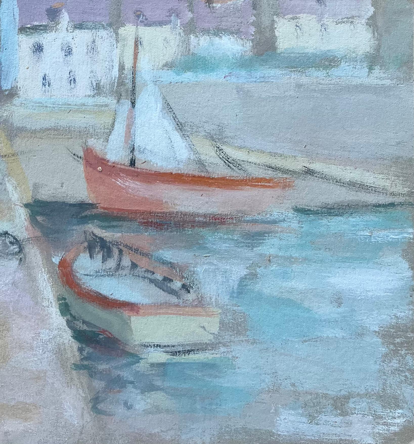 Scena portuale a colori pastello con barche e campanile Francia - Painting Impressionismo di Fanch Lel