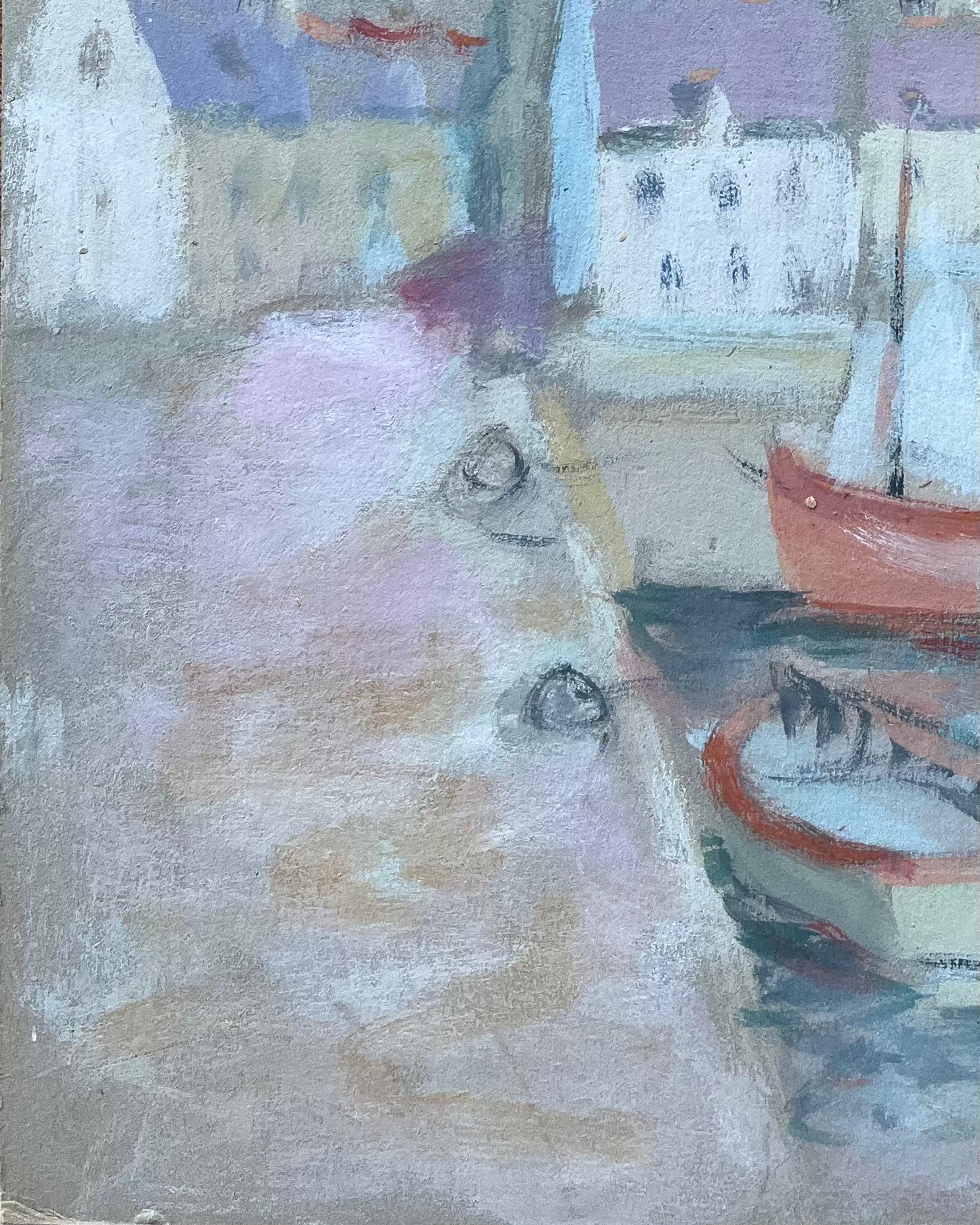 Scena portuale a colori pastello con barche e campanile Francia - Landscape Painting Blu di Fanch Lel
