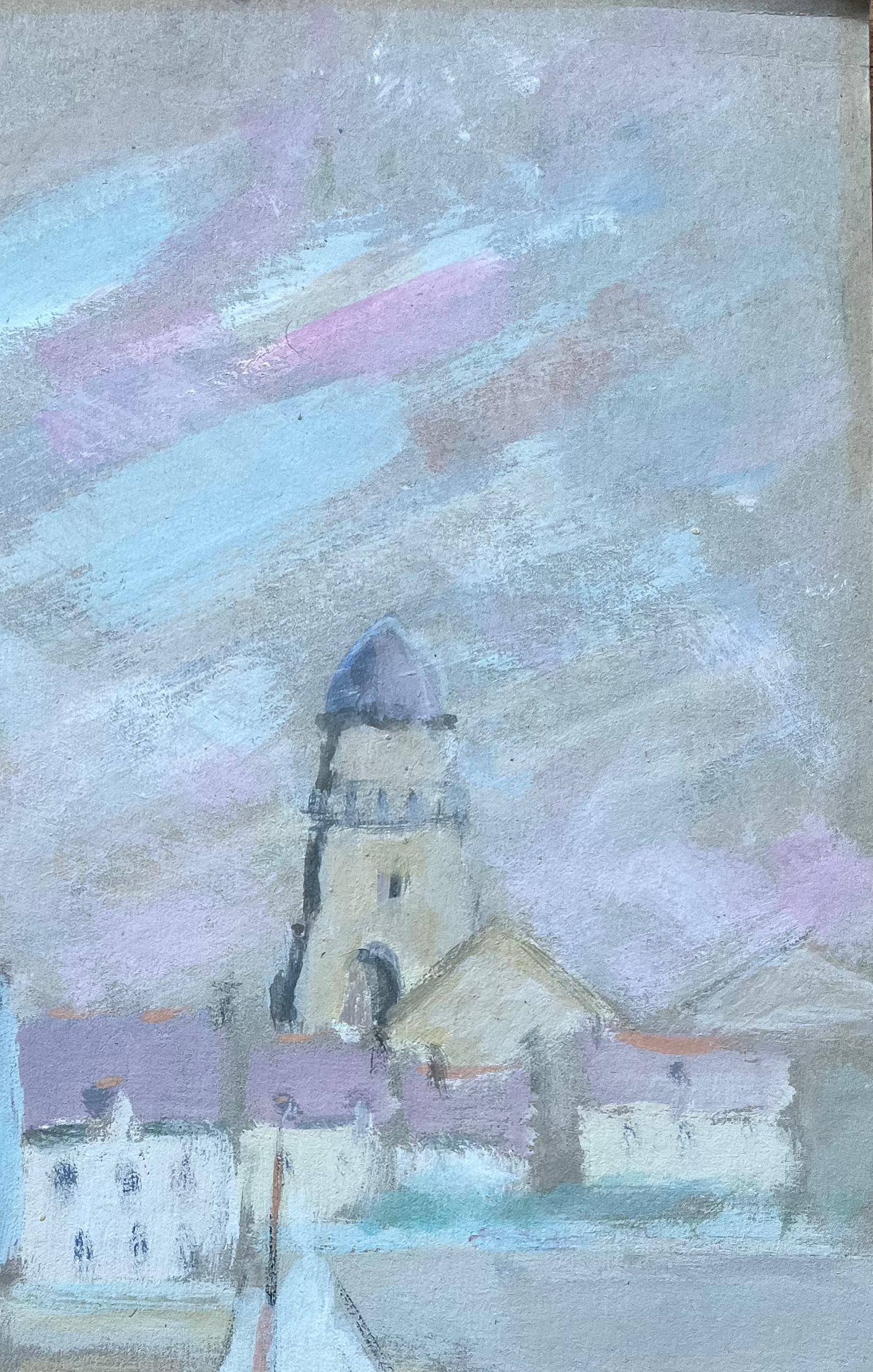 Titolo: Scena portuale a pastello morbido con barche e torre della chiesa Francia
di Fanch Lel (francese, nato nel 1930)
Dimensioni: 15 pollici (altezza) x 9,75 pollici (larghezza)
Pittura a guazzo su cartoncino, senza cornice
Condit: Il dipinto è